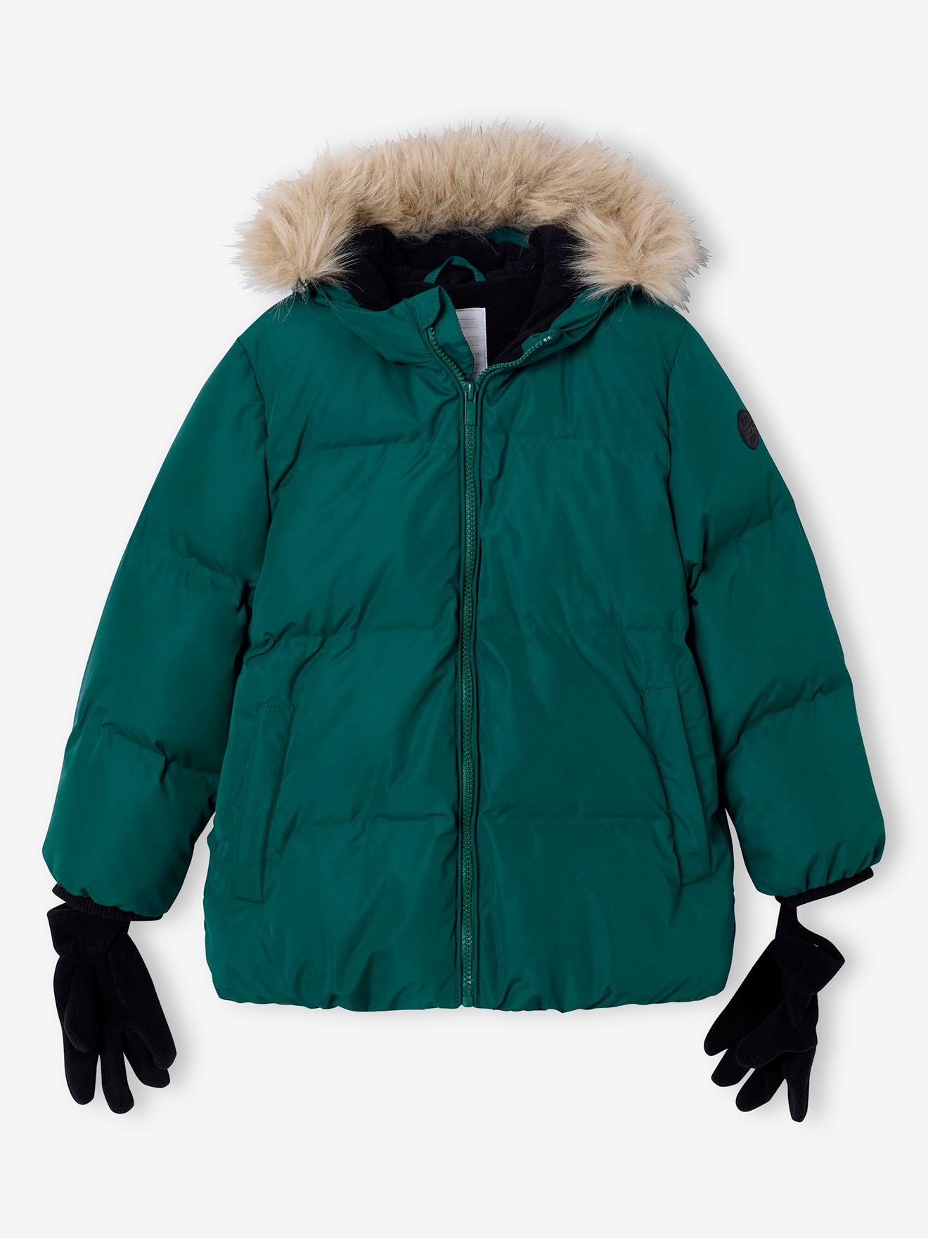 Doudoune garçon à capuche doublée polaire avec moufles ou gants vert sapin