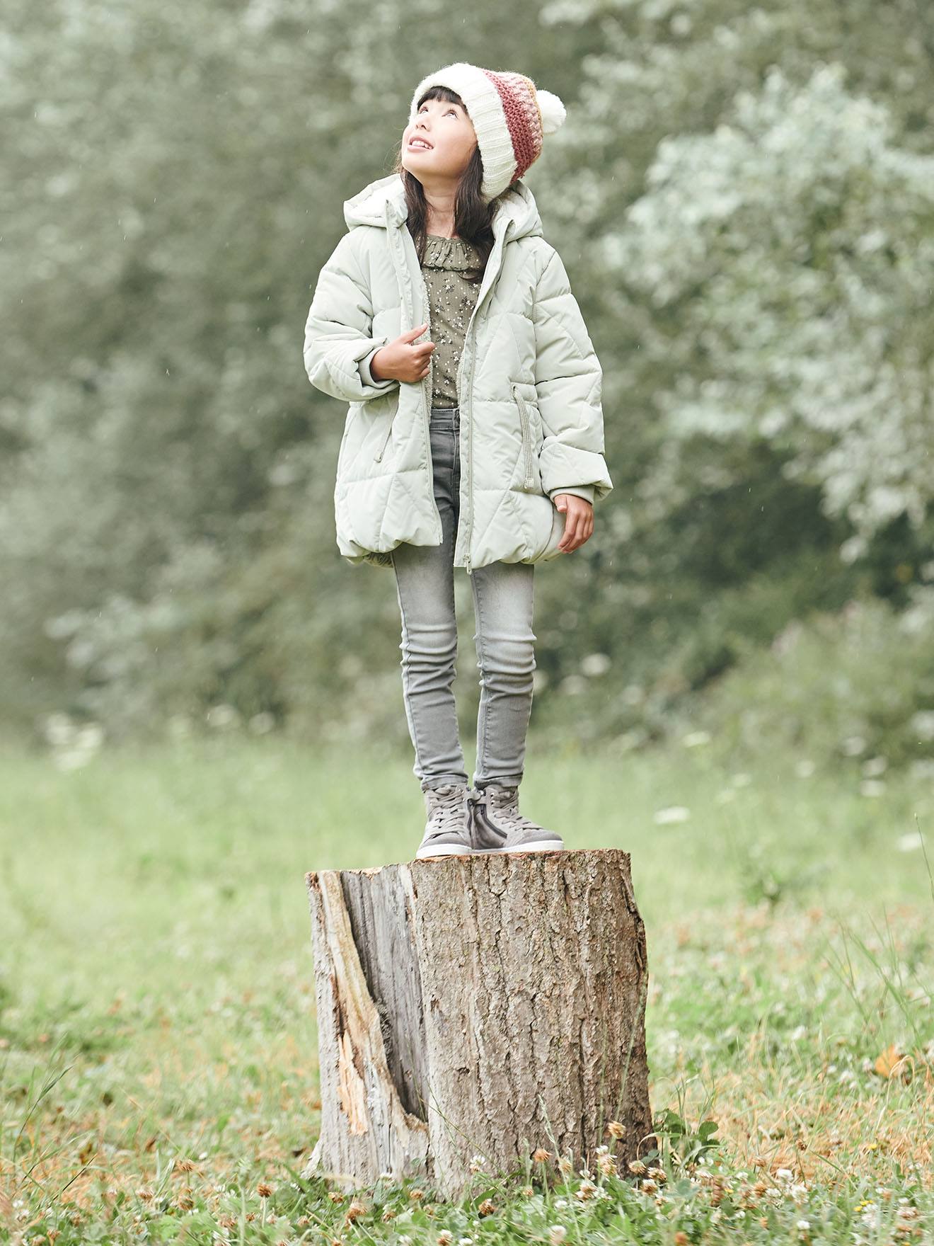 Doudoune longue à capuche fille doublée sherpa light green