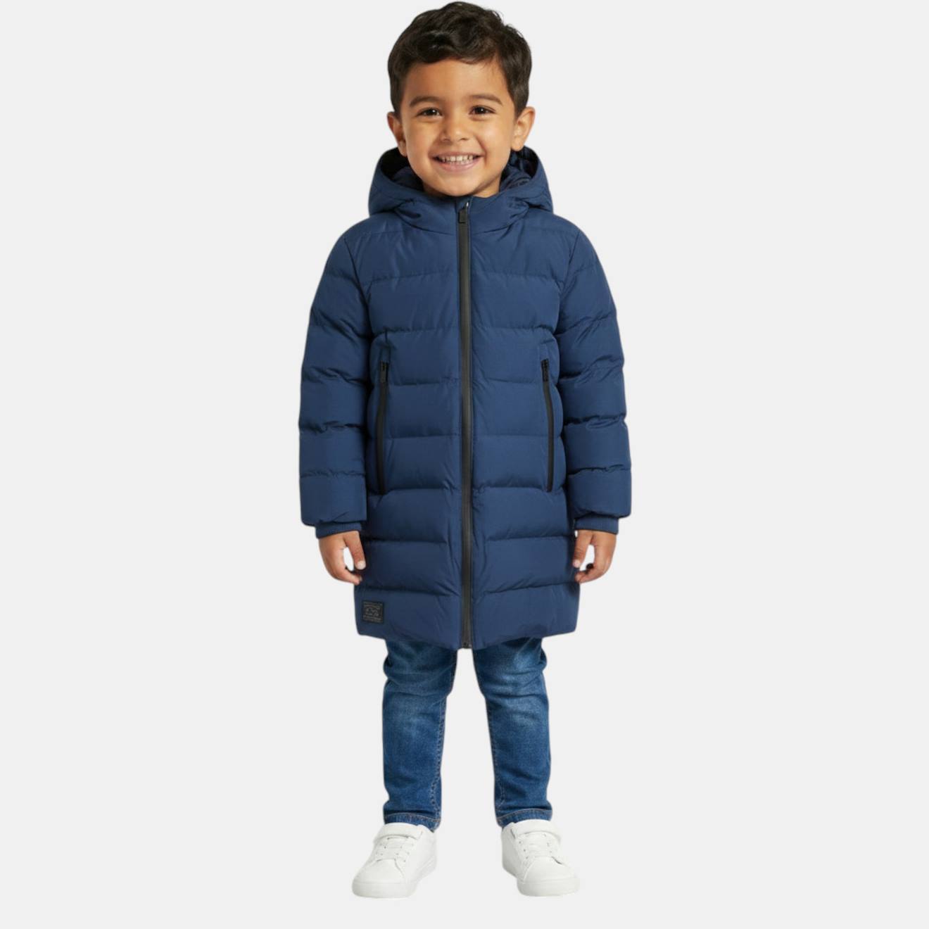Doudoune Longue Zippée À Capuche Bleu Marine