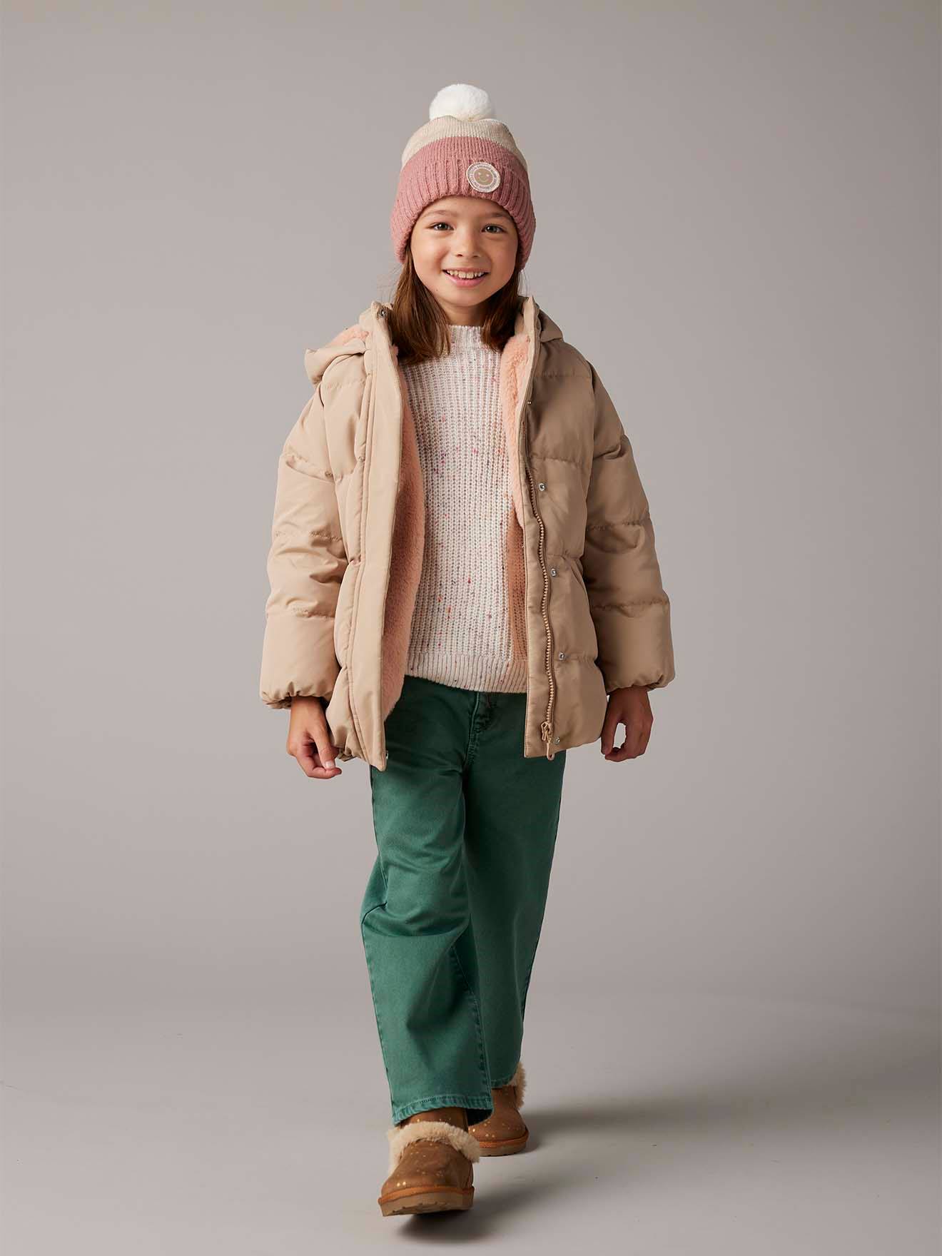 Doudoune mi longue garnissage plume et duvet fille moufles amovibles cappuccino