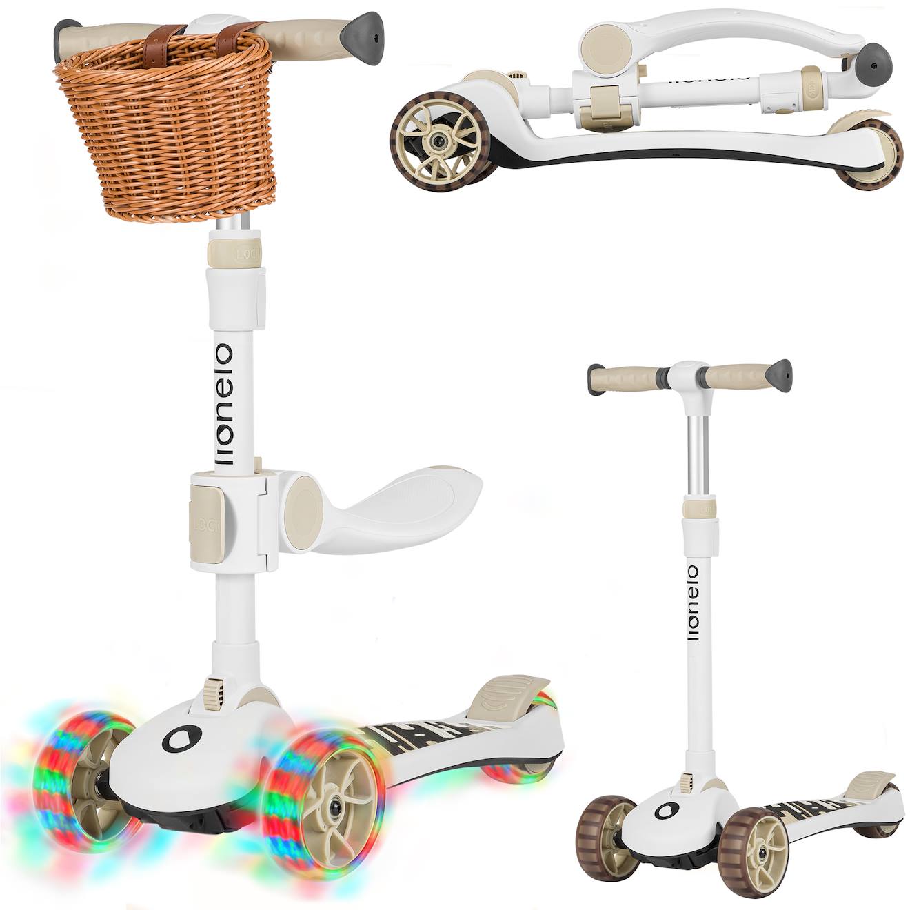 Draisienne Trottinette Évolutive Franky Jusqu’à 50 Kg Avec Roues Lumineuses Et Panier Beige
