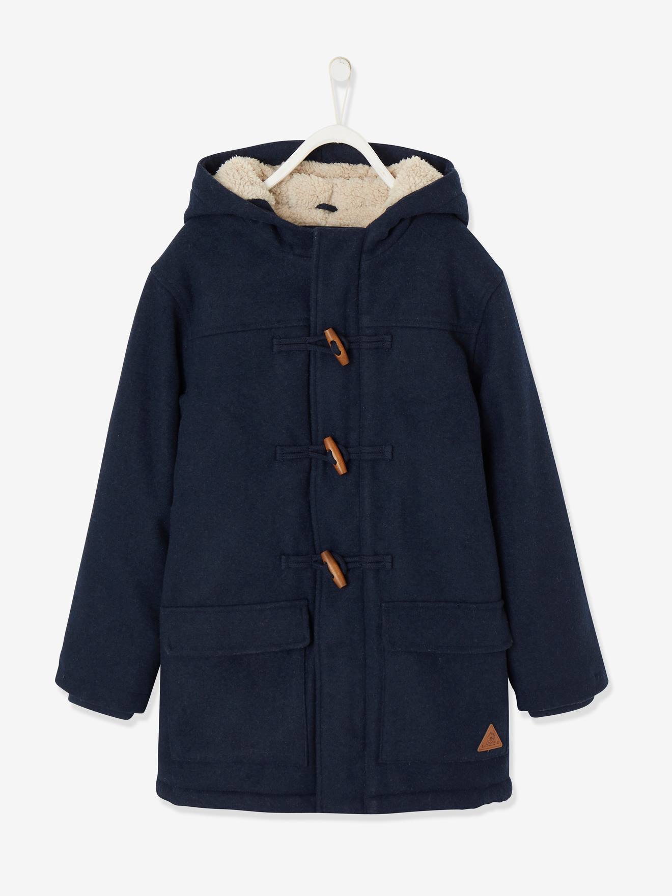 Duffle-coat garçon en drap de laine doublé sherpa encre