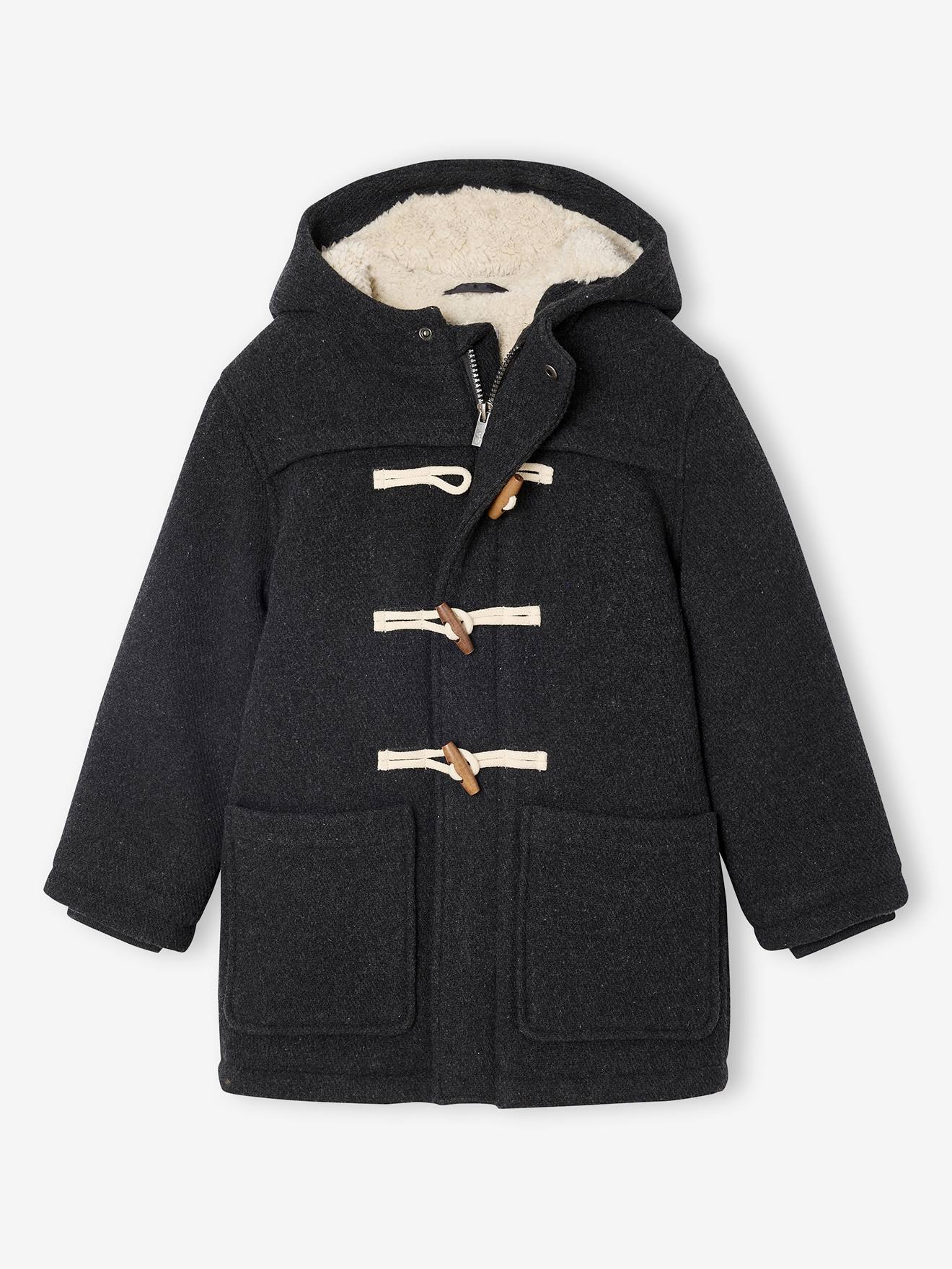 Duffle-coat garçon en drap de laine doublé sherpa gris chiné