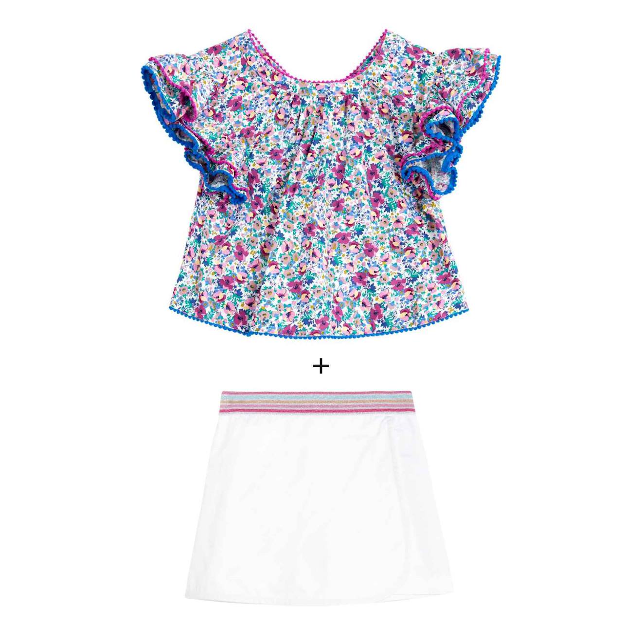 Ensemble Été Blouse Fleurie & Jupe Short Violet Bleu Blanc