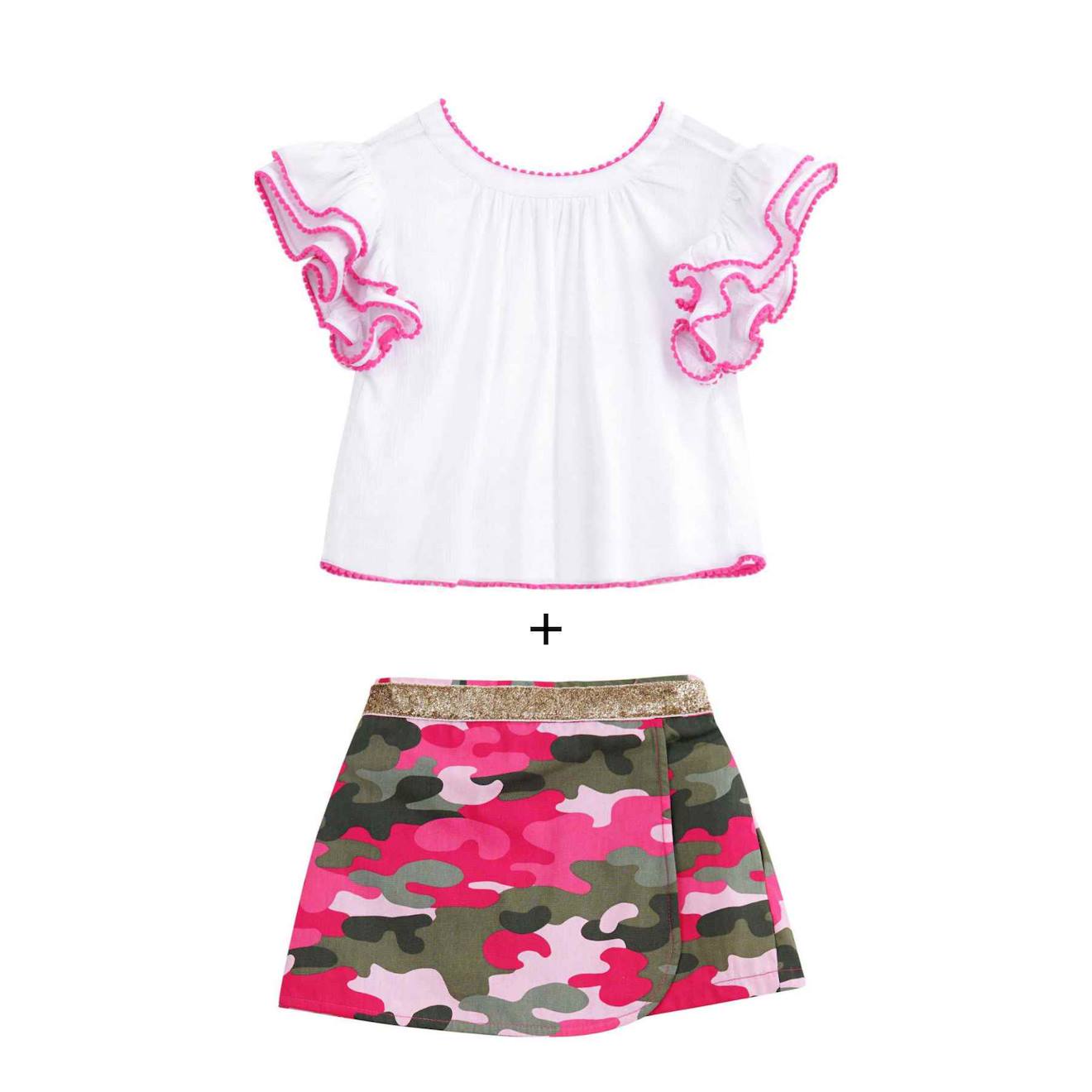 Ensemble Été Blouse & Jupe Short Et Blanc Rose Kaki