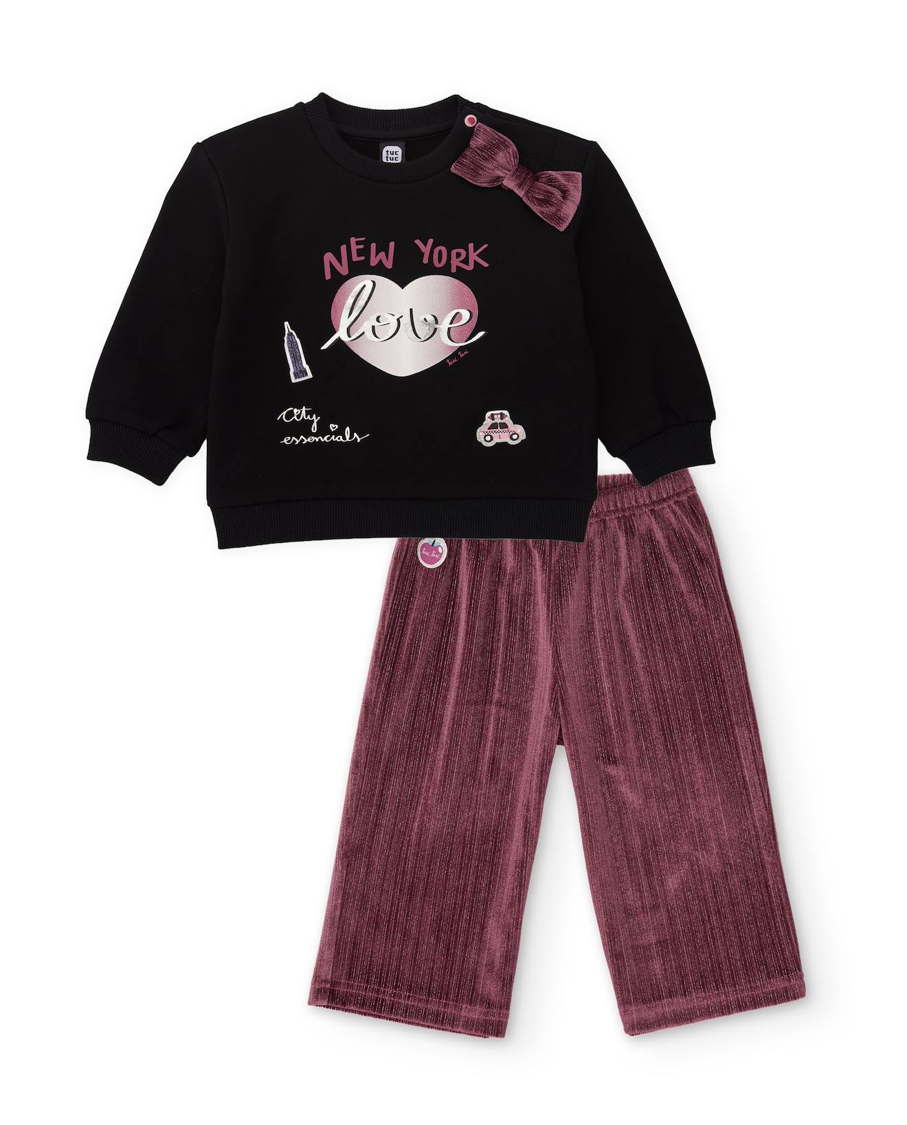Ensemble Fille En Molleton Avec Sweat Imprimé Et Détail Nœud Noir