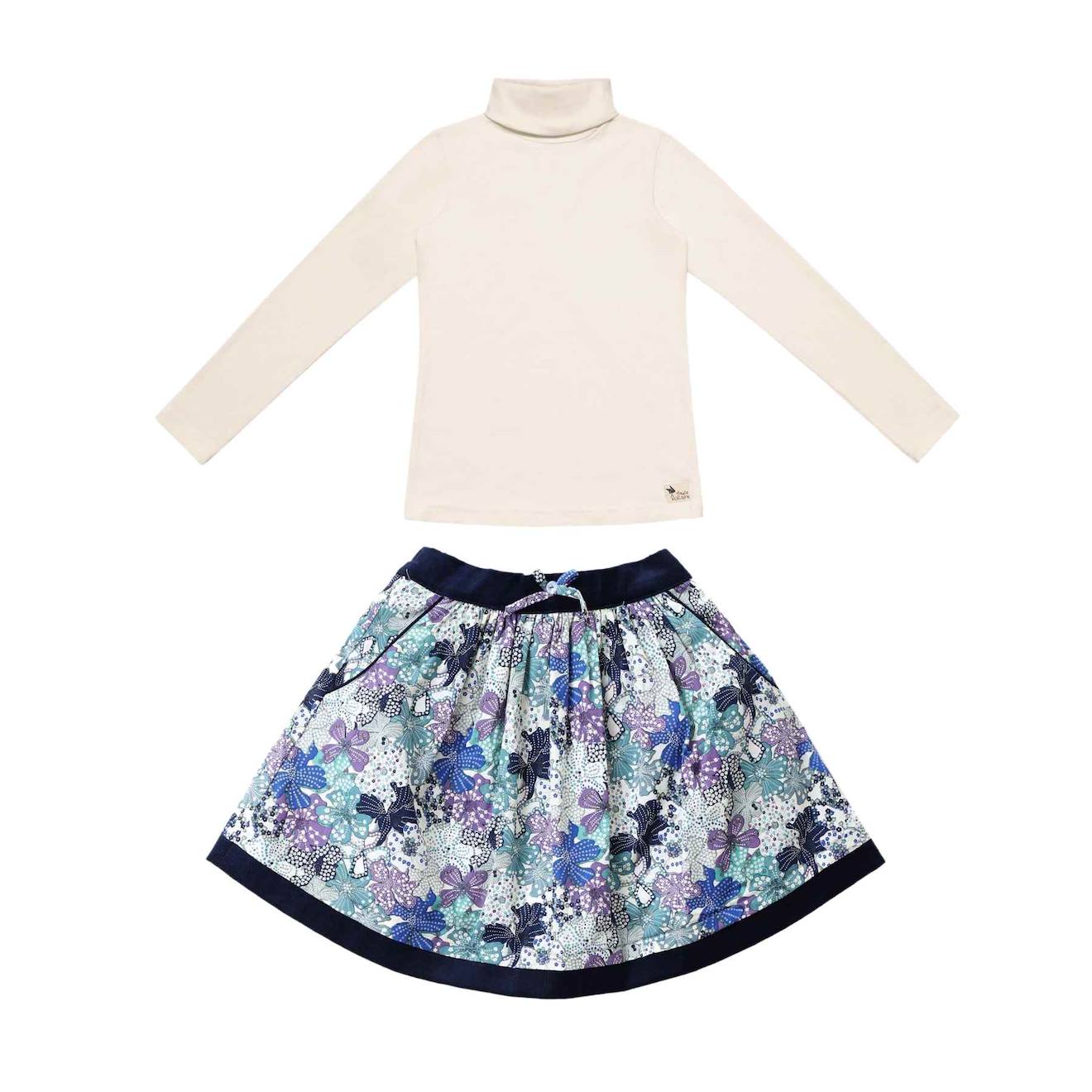 Ensemble Jupe Fleurie & Col Roulé Bleu Marine Lilas Beige