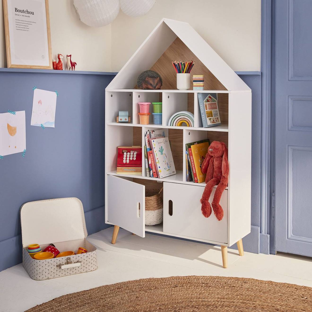 Etagère Bibliothèque Maison Pour Enfant - Tobias- Bois Massif En Pin Naturel Blanc - 3 Niveaux, 8 Compartiments, 2 Portes Blanc