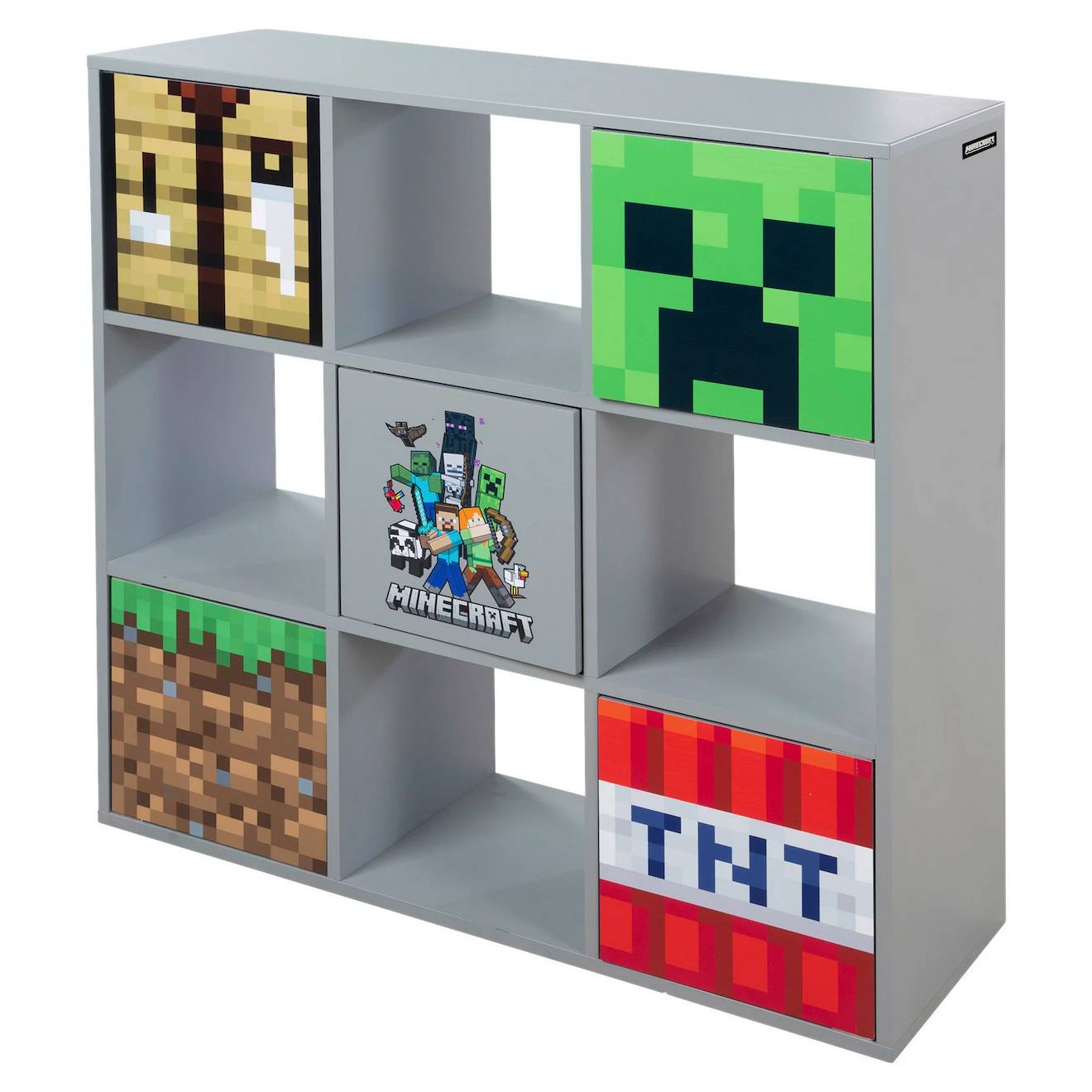 Étagère Minecraft 9 Compartiments Et 5 Portes Push-open Gris - Motifs Multicolore