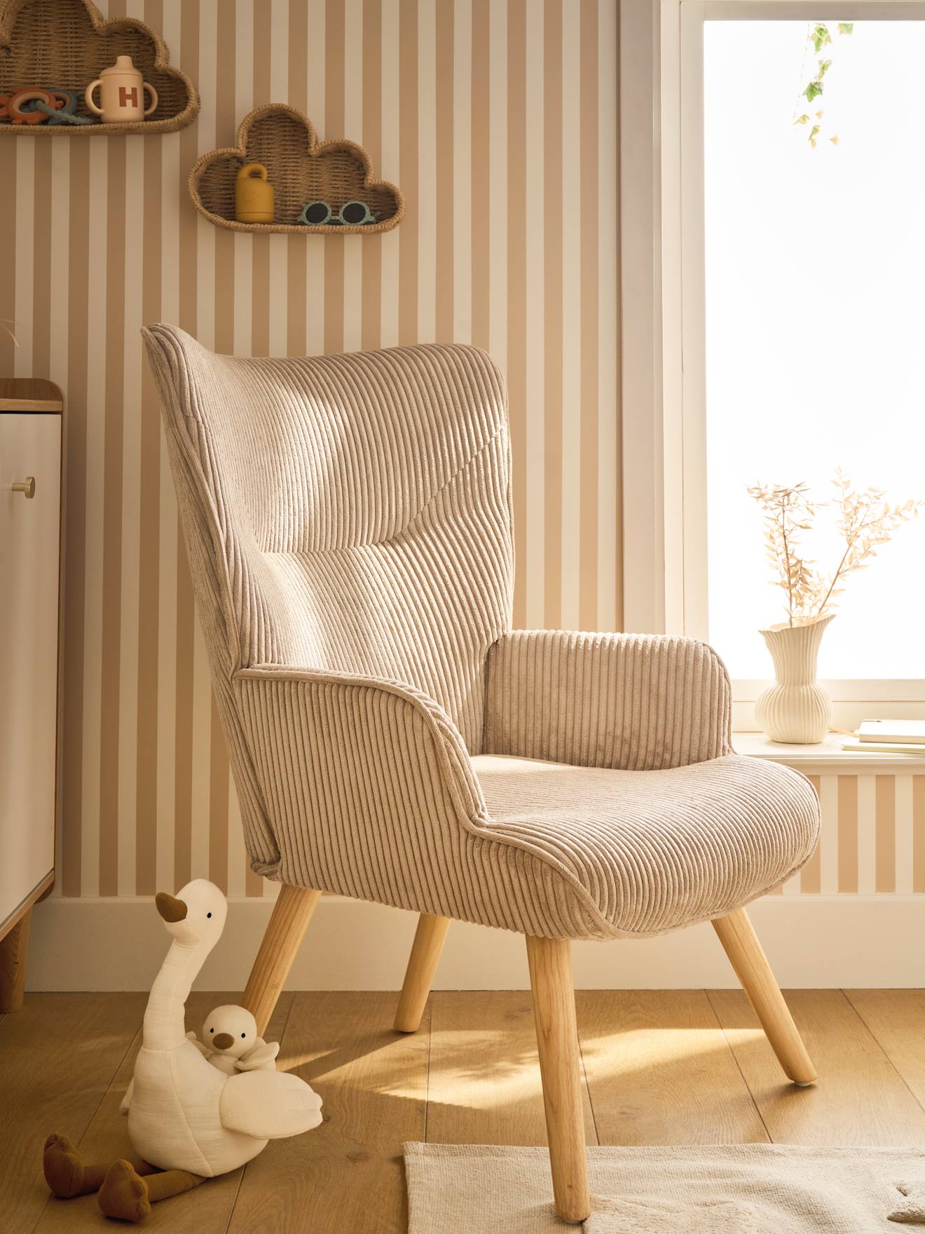 Fauteuil d'allaitement fixe en velours côtelé moka