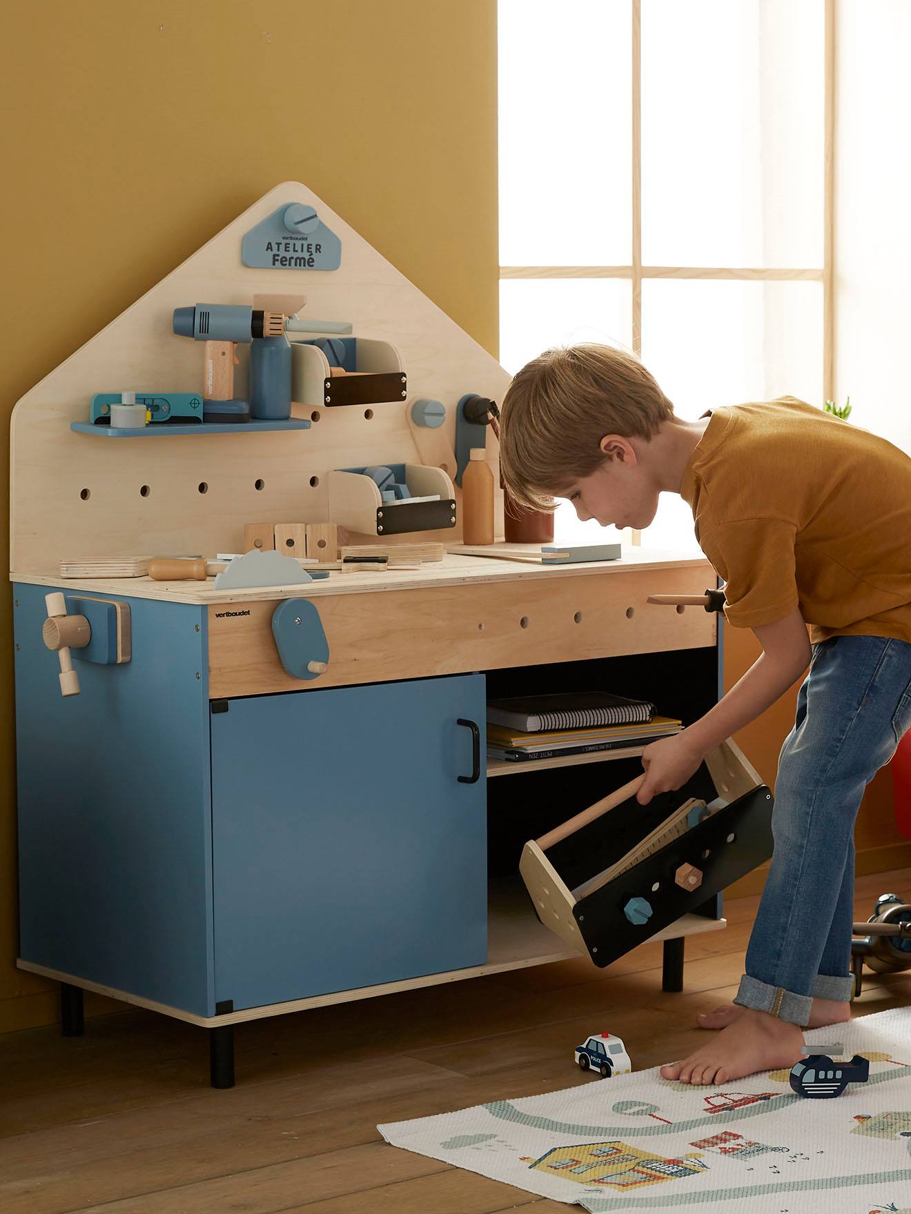 Grand établi de bricolage en bois FSC et métal bleu
