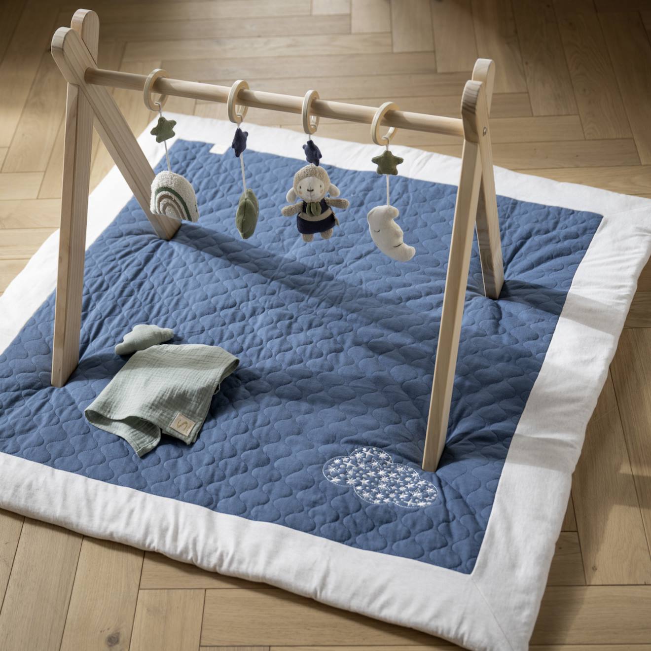 Grand Tapis De Jeu En Coton Matelassé - Petit Nuage Blanc/bleu