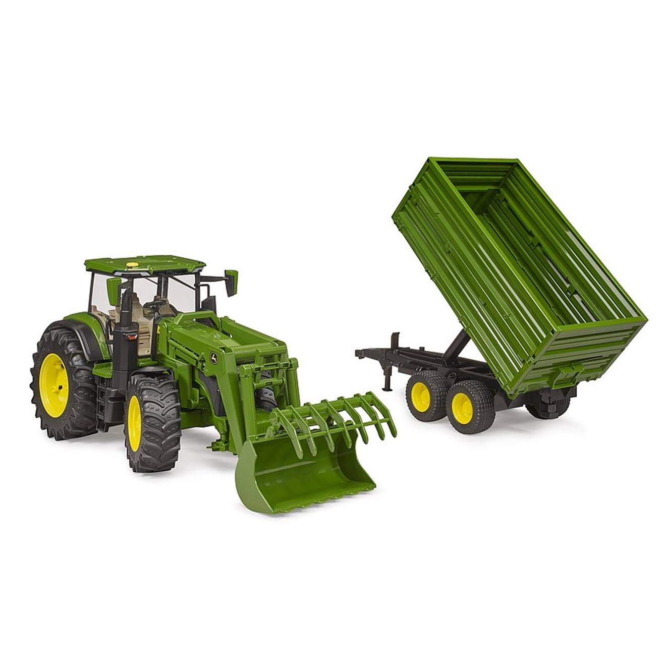John Deere 7r Avec Chargeur Avant Et Remorque Avec Attelage Tandem Vert