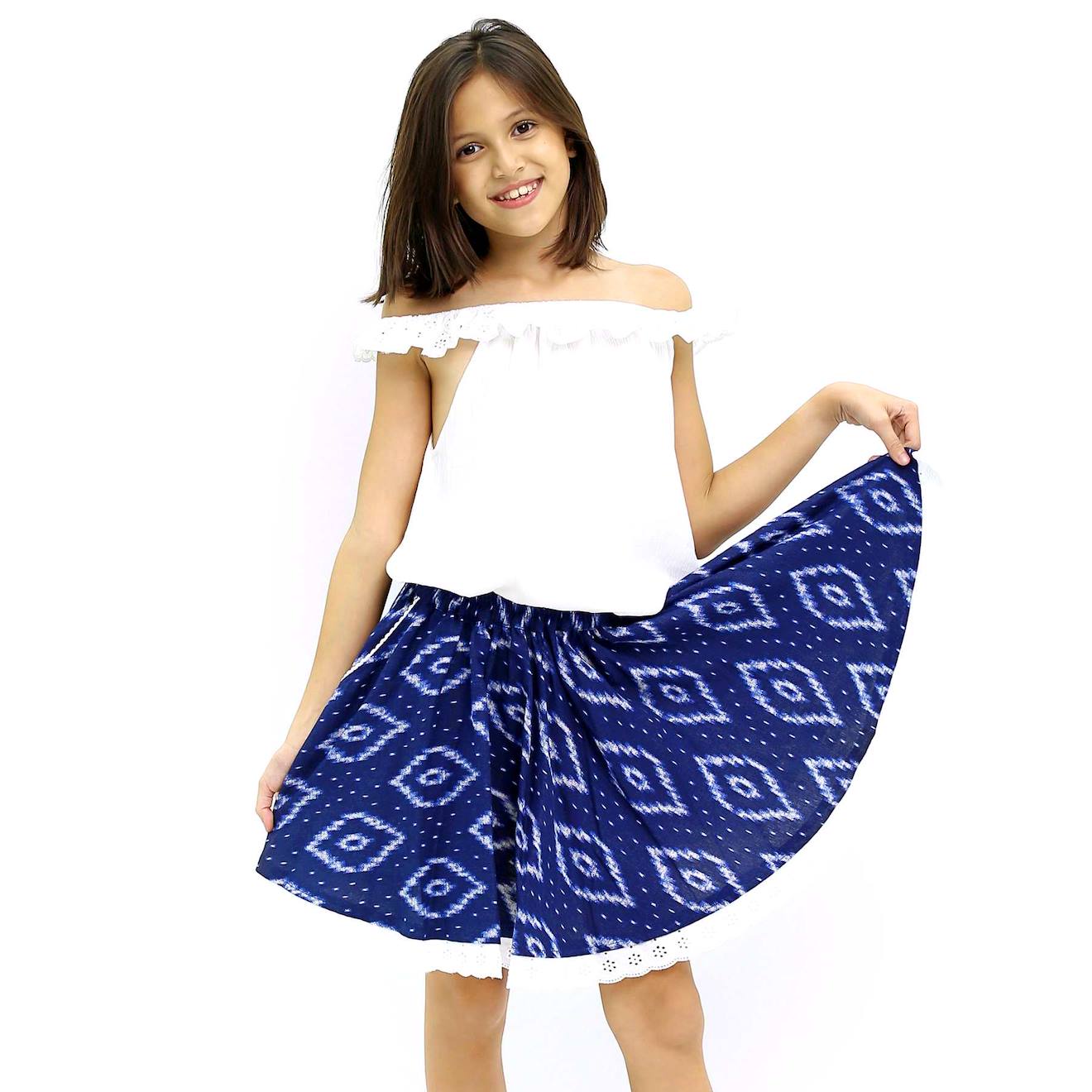 Jupe Qui Tourne Tie-and-dye Cancan Bleu Marine Blanc