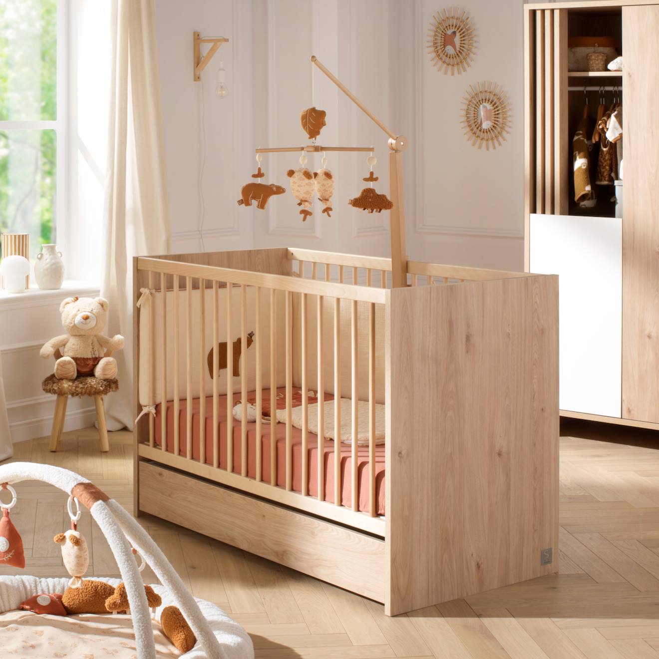 Lit À Barreaux En Bois Décor Chêne Suave Avec Matelas - Tokyo Marron