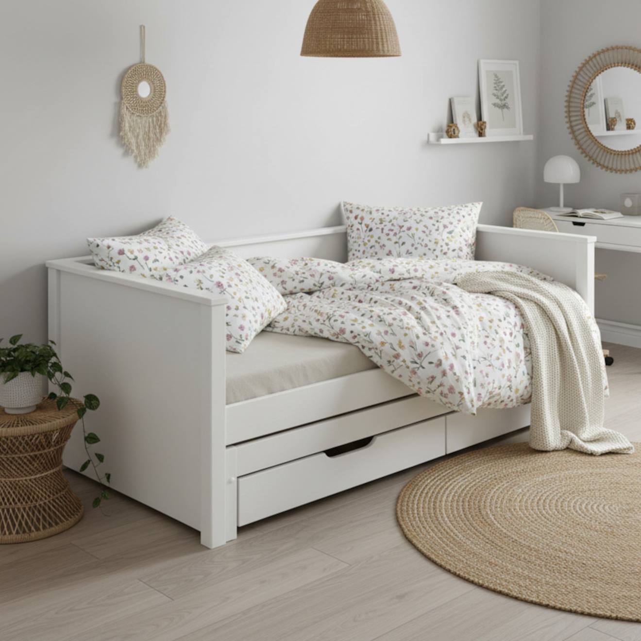 Lit Banquette Avec Lit Gigogne Pin Massif Basile Blanc