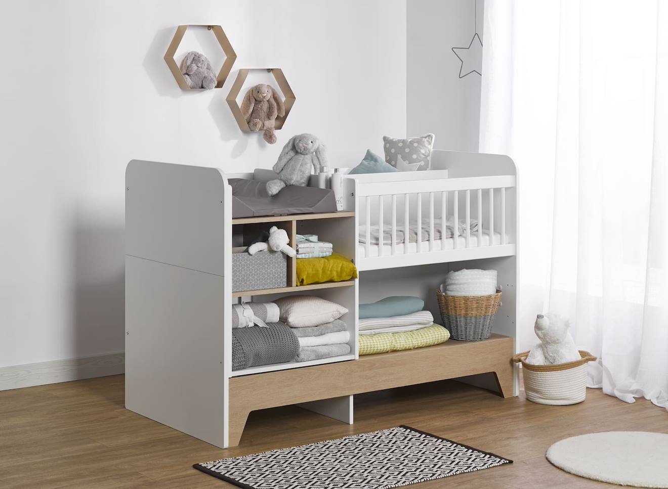 Lit Bébé Évolutif Avec Table À Langer Calisson Blanc & Bois