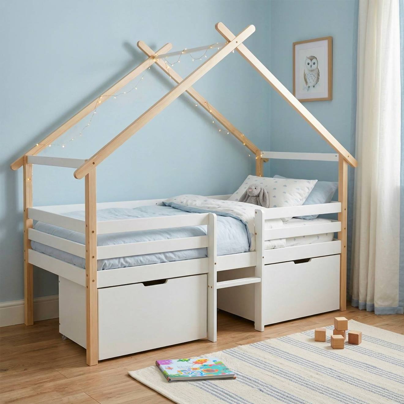 Lit Cabane Enfant 90 X 190 Cm Bois De Pin Blanc Sommier À Lattes Inclus Et 2 Tiroirs - Sienna Blanc