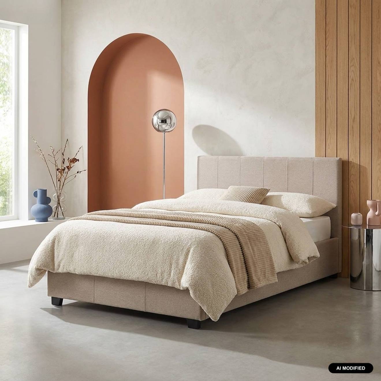 Lit Coffre Avec Sommier À Lattes Et Tête De Lit, L 202 X P 97,5 X H 86cm, Finition Tissu Beige