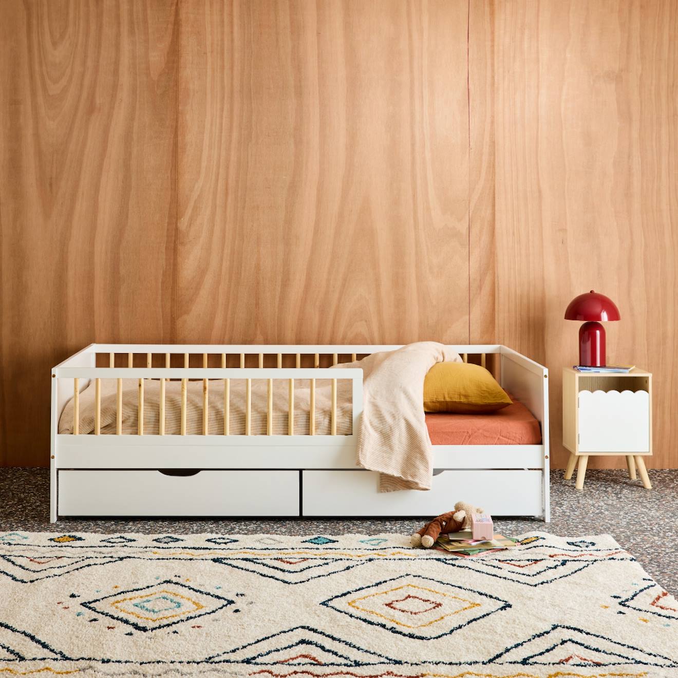 Lit Enfant 90 X 190 Cm Pin Naturel Avec Sommier Et Tiroirs - Elio Blanc