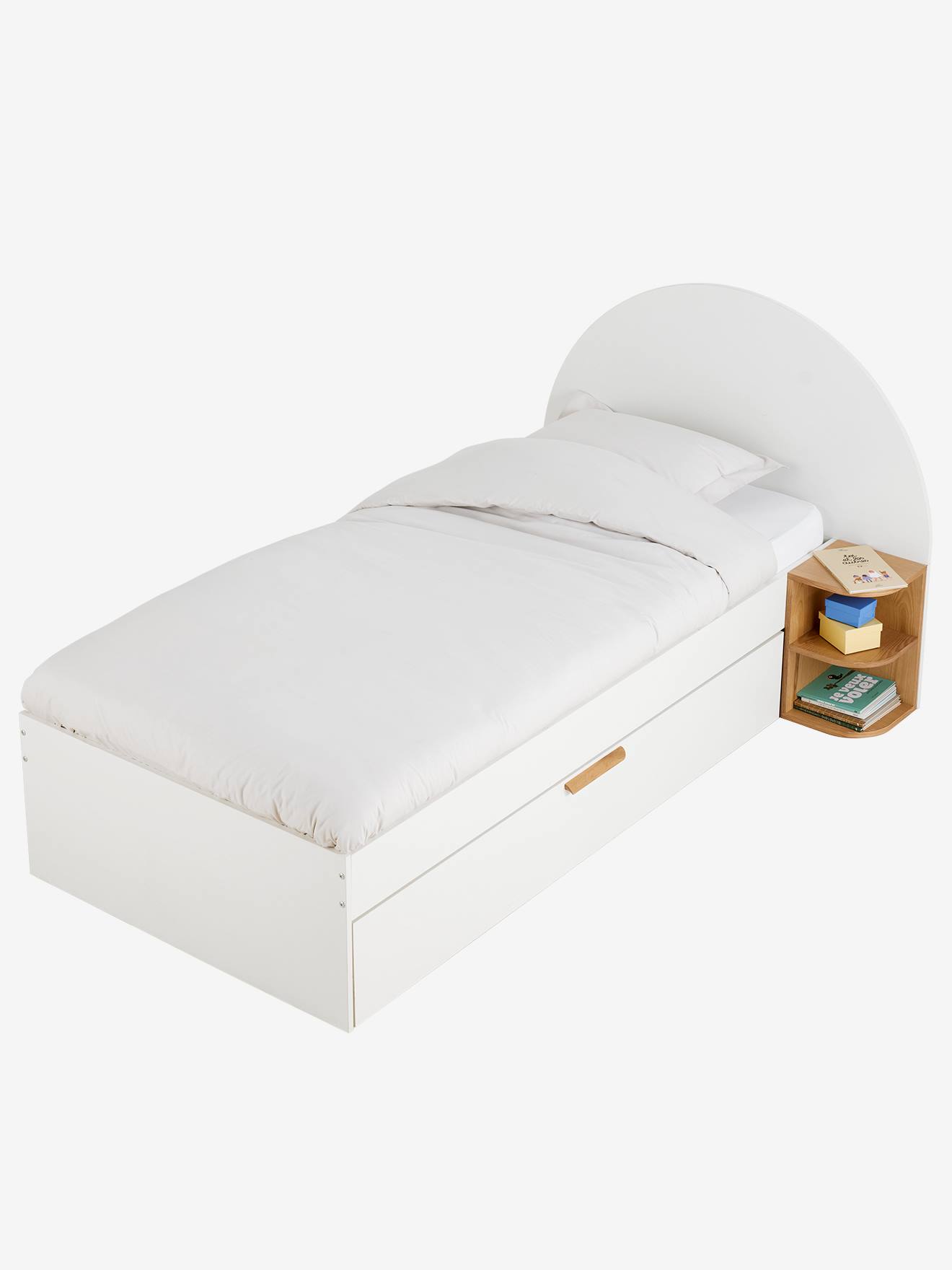 Lit enfant 90x190cm avec rangements + table de chevet réversible Japi blanc