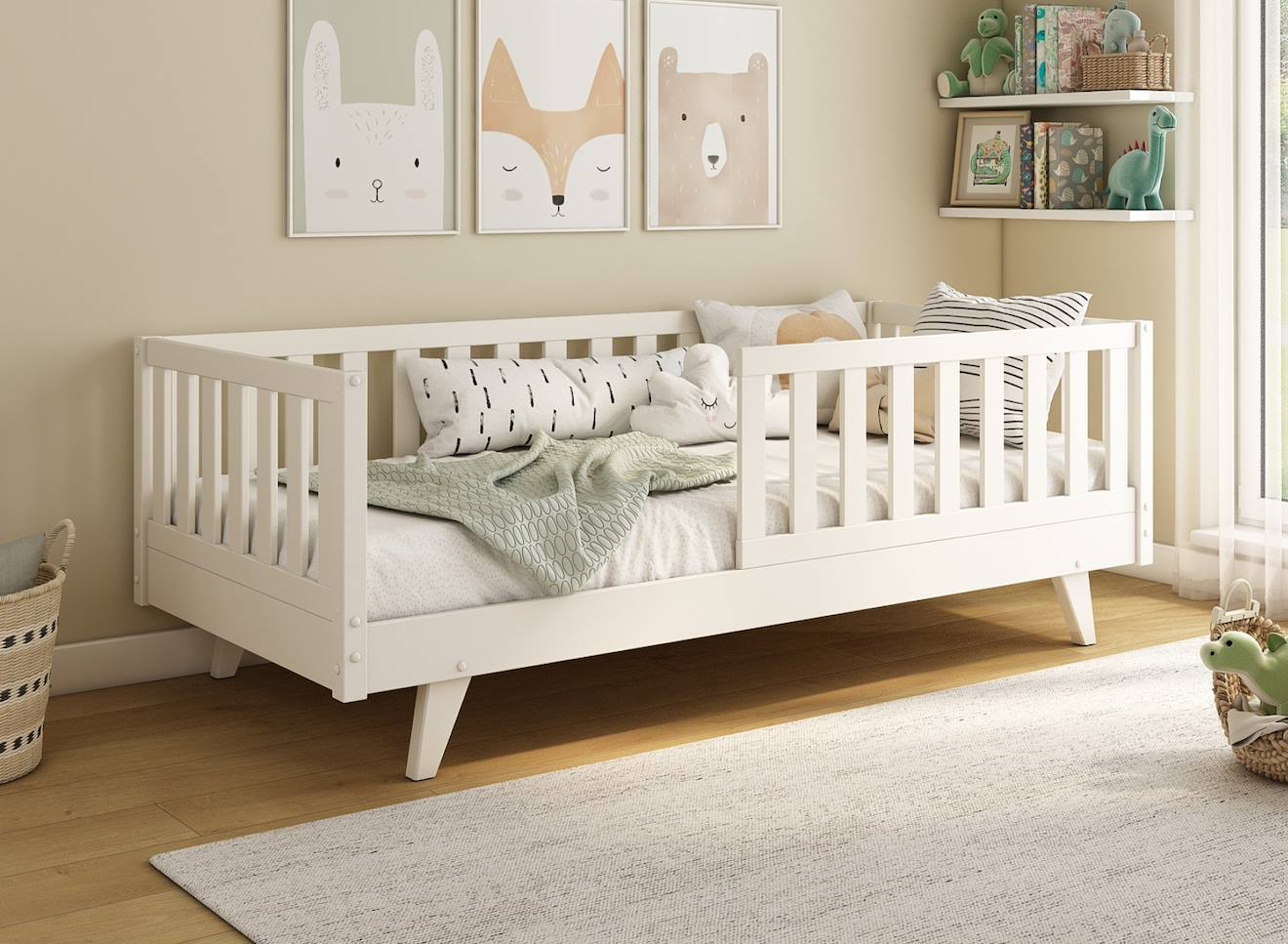 Lit Enfant Avec Barrière Amovible En Pin Massif Blanc