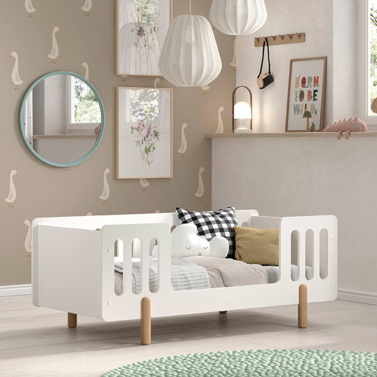 Lit Enfant Avec Sommier Pin Massif Et Imitation Bois Darius Blanc Bois