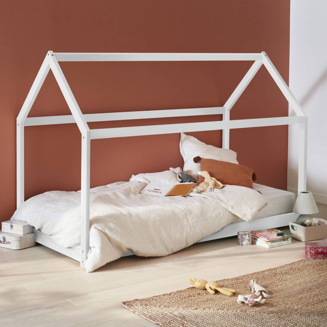 Lit Enfant Cabane, Bois Massif En Pin Naturel - Tobias - Sommier Inclus, 90 X 190 Cm Blanc