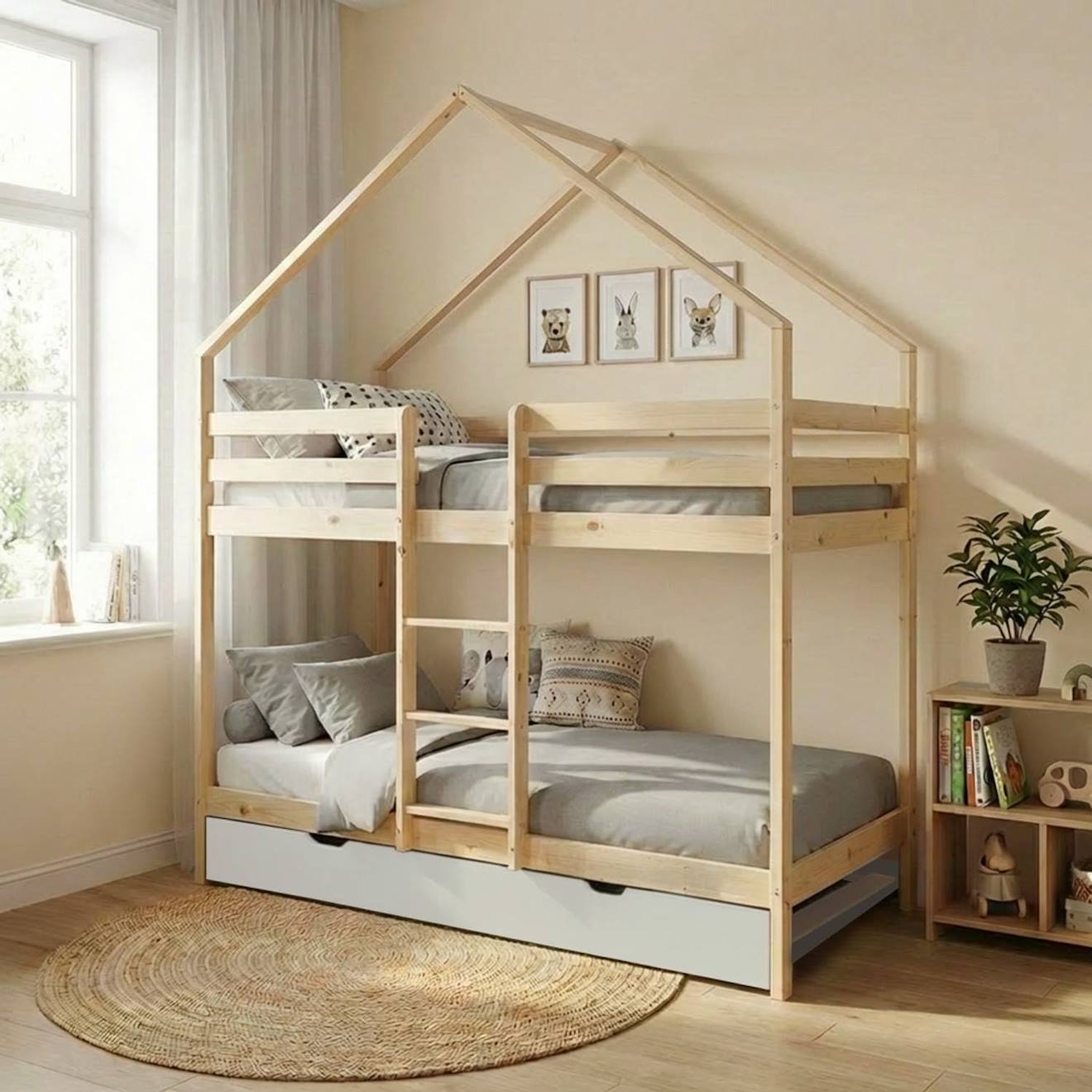 Lit Enfant Superposé Cabane 90 X 190 Cm Pin Naturel Avec Sommier Et Lit Tiroir - Roya Blanc
