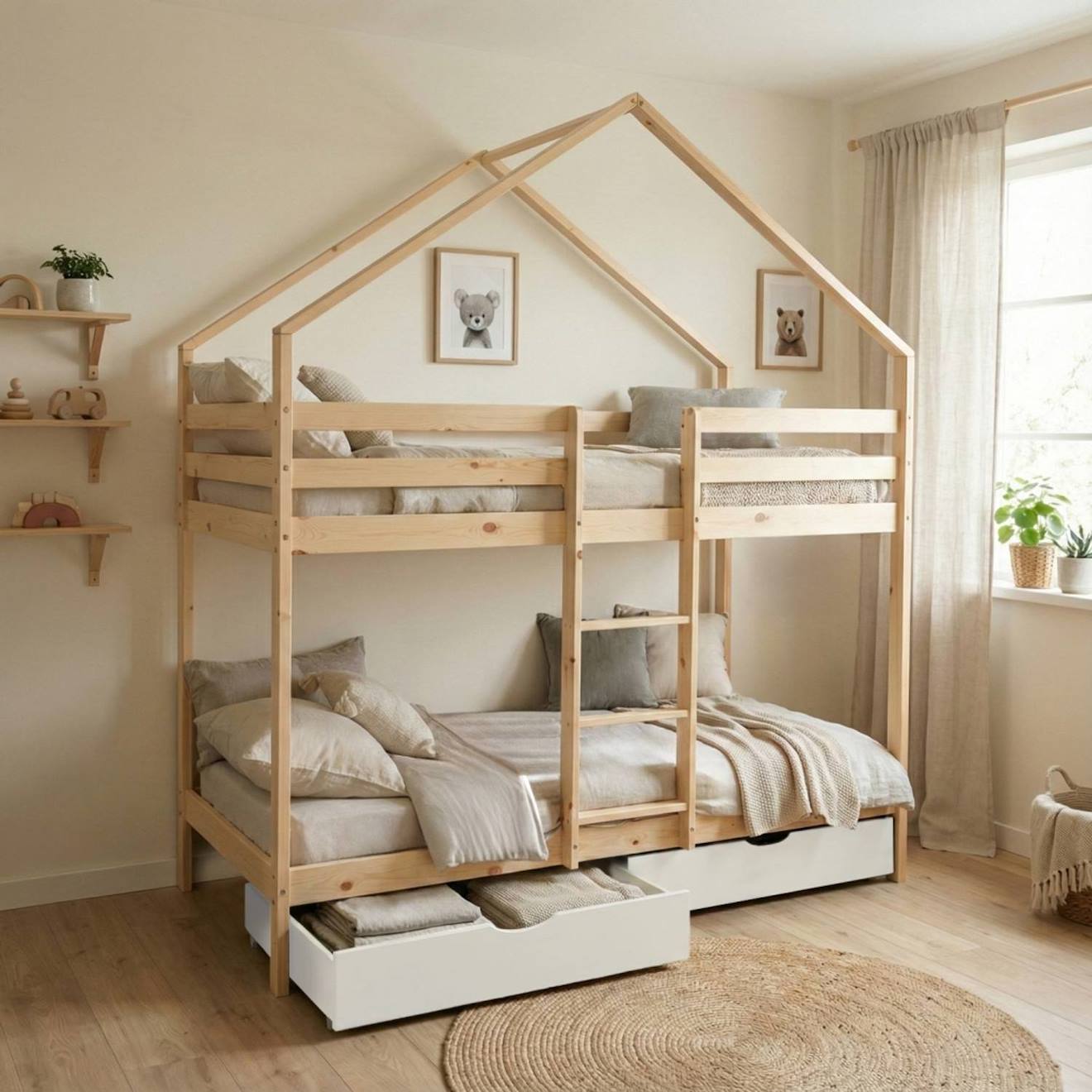 Lit Enfant Superposé Cabane 90 X 190 Cm Pin Naturel Sommier À Lattes Et Tiroirs - Roya Blanc
