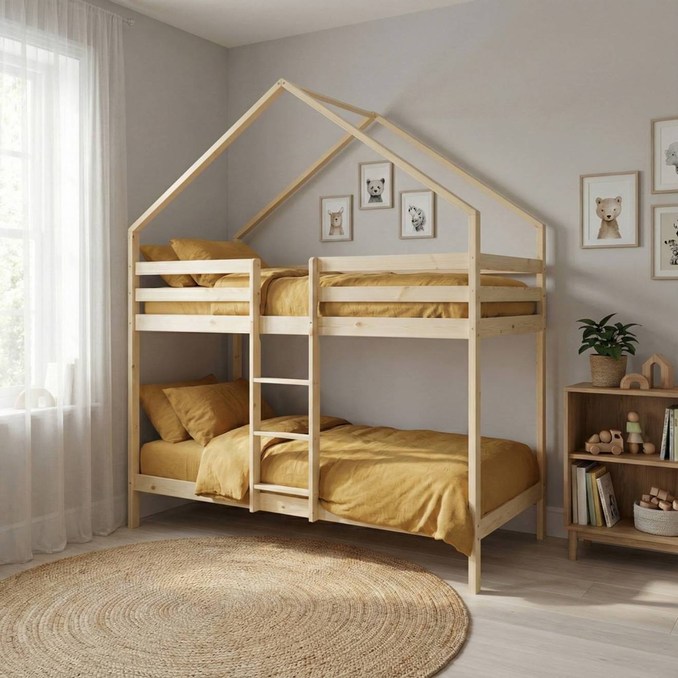 Lit Enfant Superposé Cabane 90 X 190 Cm Pin Naturel Sommier À Lattes Inclus - Roya Naturel