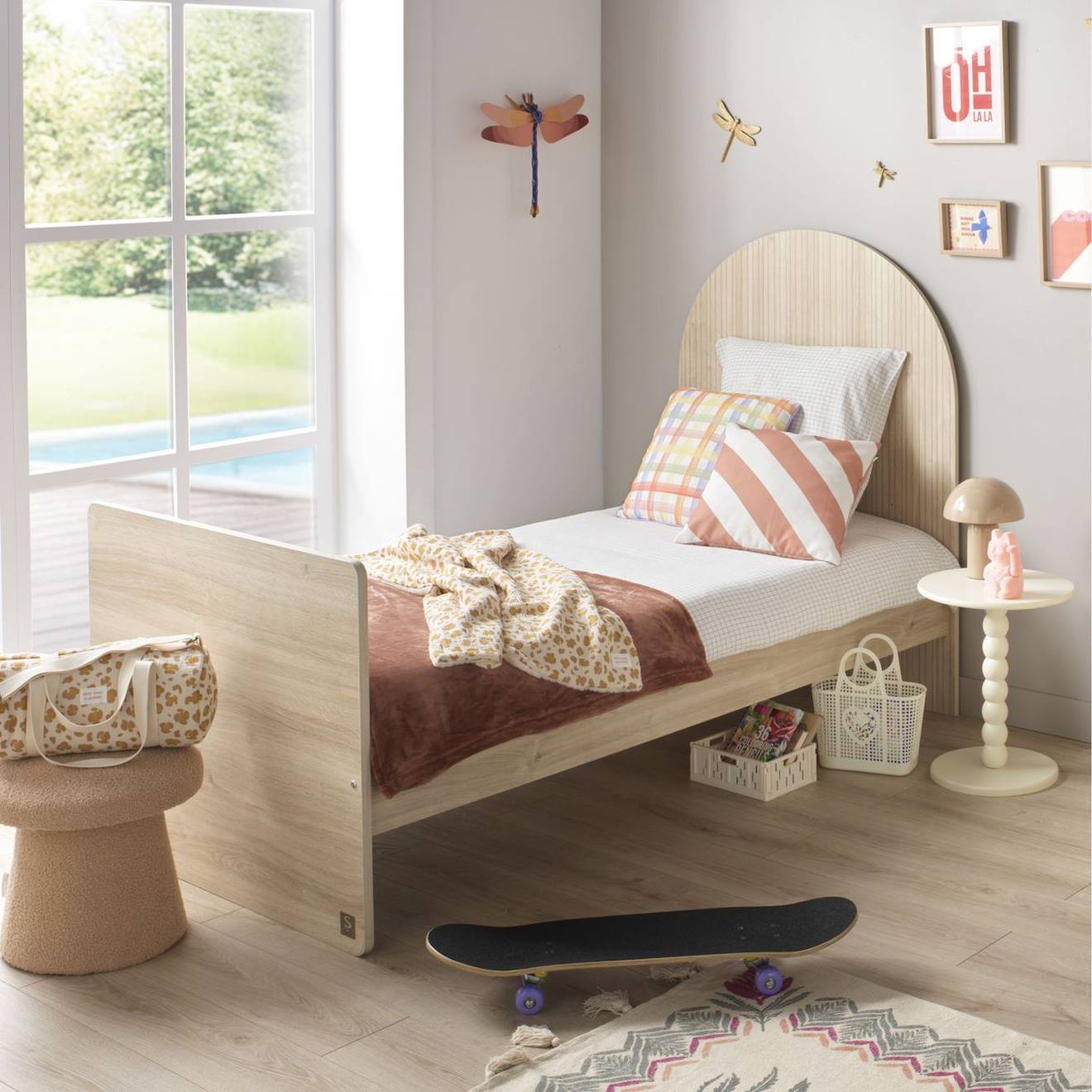 Lit Junior 90x190 Avec Sommier Et Matelas - Décor Bois - Tête De Lit Forme Arche - Arche Marron