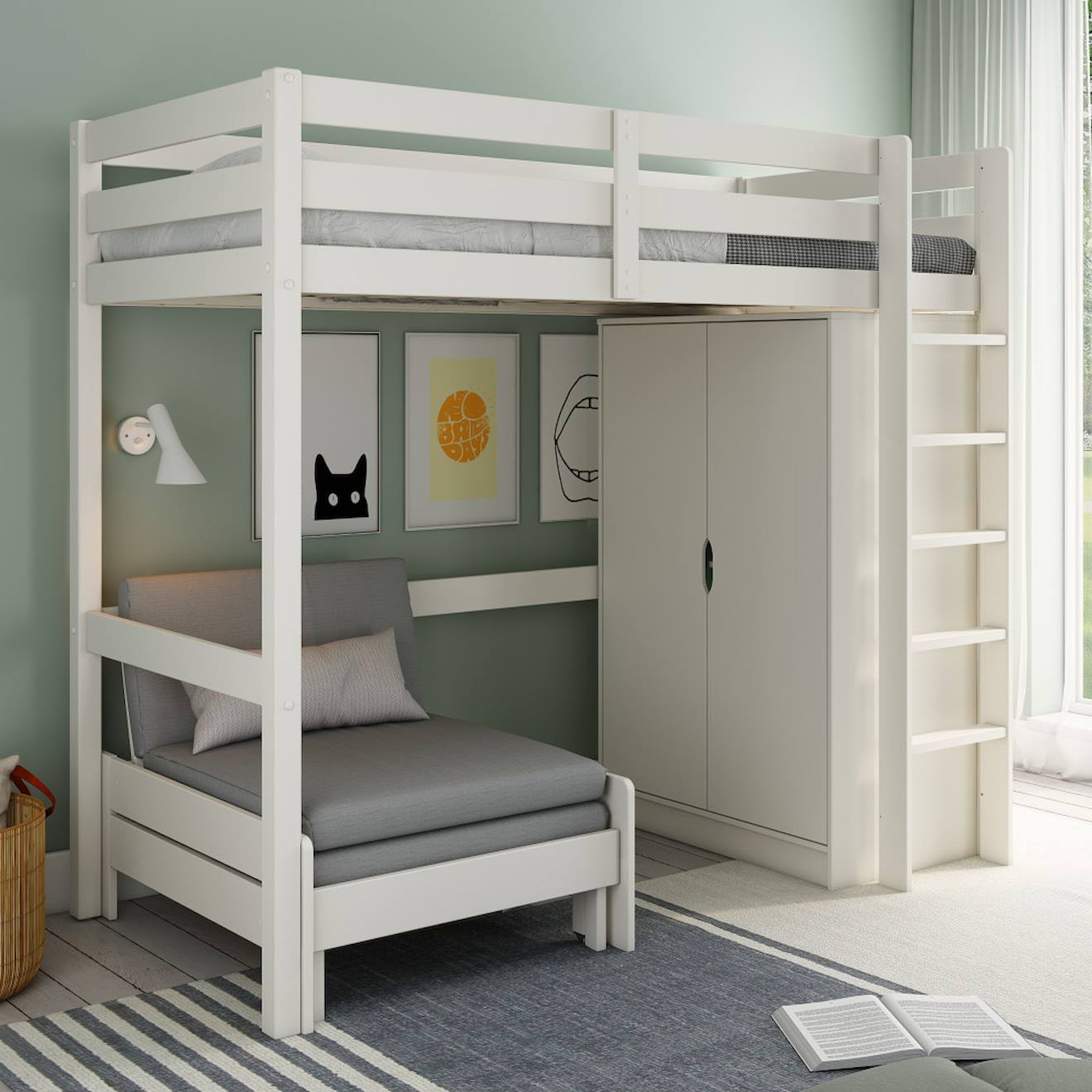 Lit Mezzanine Avec Armoire Et Fauteuil Convertible Arthur Blanc