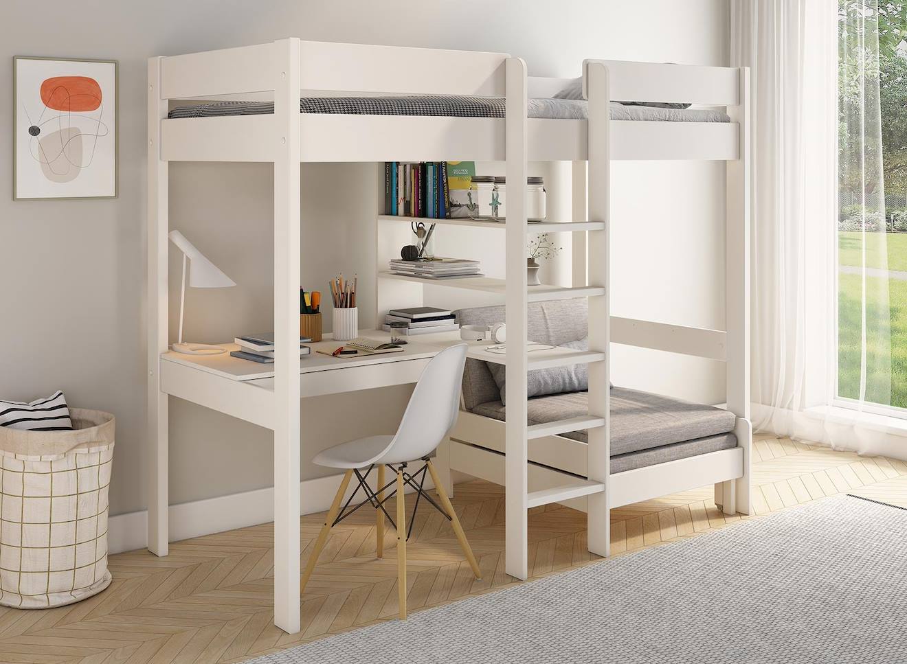 Lit Mezzanine Avec Bureau Et Fauteuil Convertible Calvi Blanc