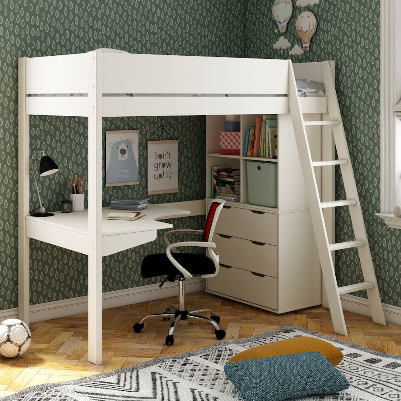 Lit Mezzanine Avec Bureau Et Rangements Pin Massif Colette Blanc