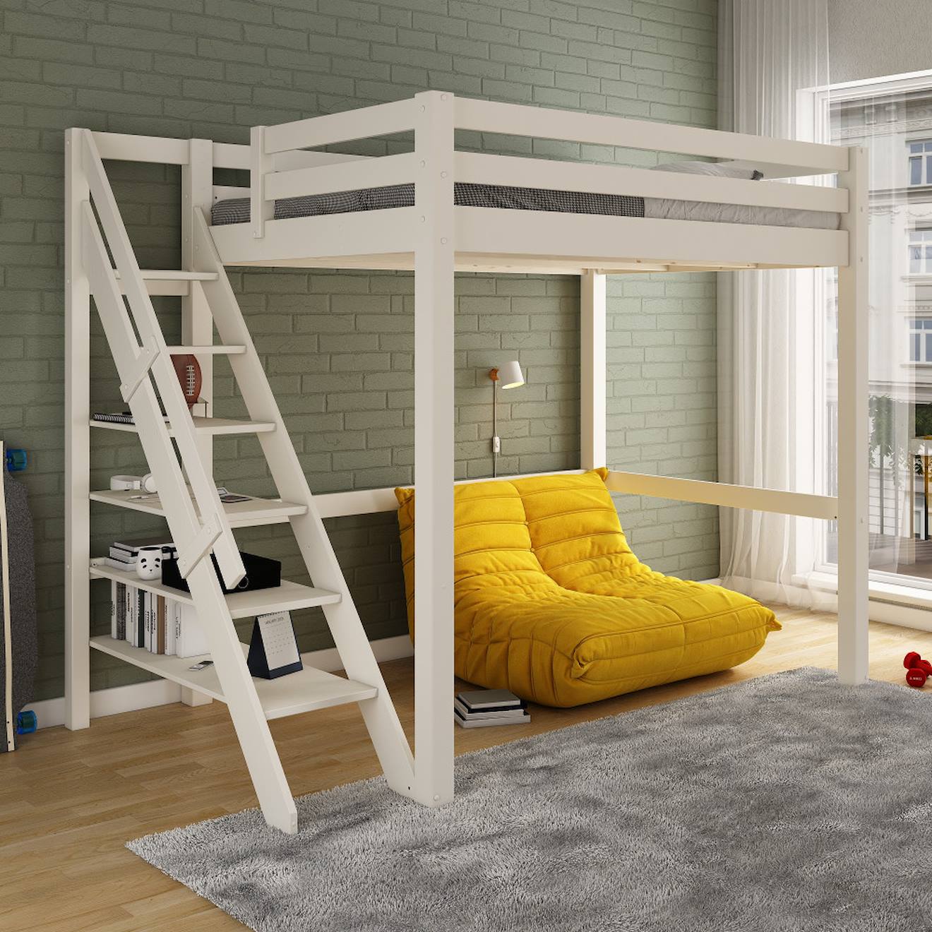 Lit Mezzanine Deux Places En Bois Massif Arthur Blanc