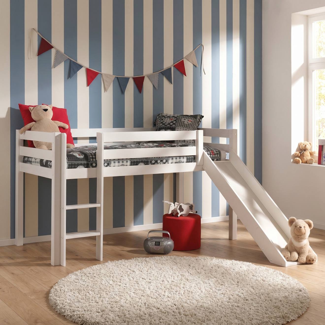 Lit Mi-hauteur Avec Toboggan En Pin Massif Naturel Armance & Faustin Blanc
