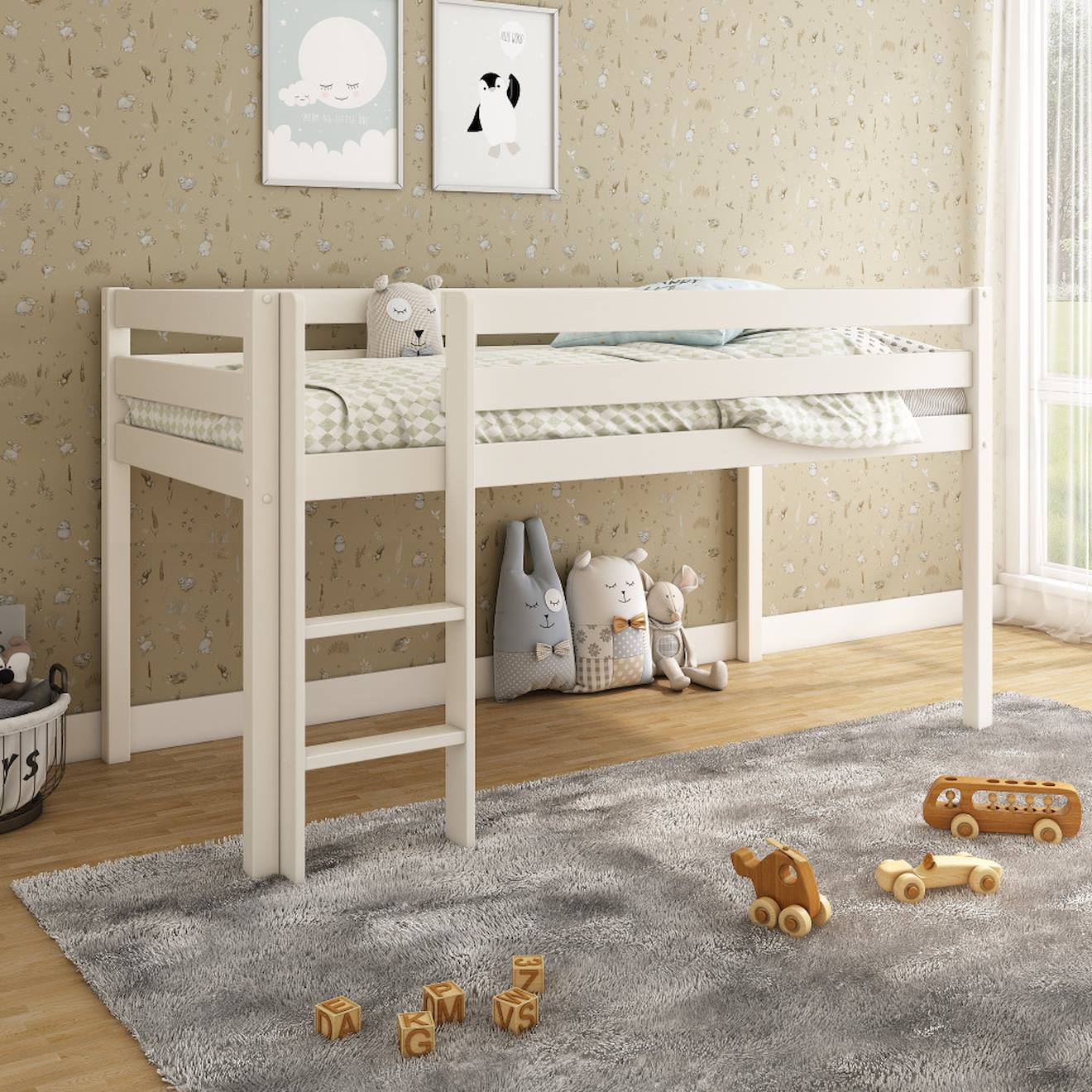 Lit Mi-hauteur Pin Massif Naturel Isidore Blanc