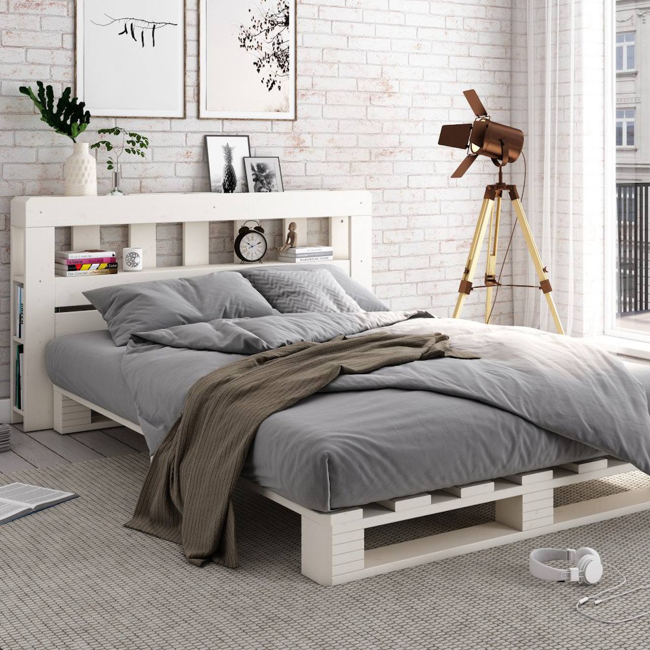 Lit Palette Avec Tête De Lit Pin Massif Siméon Blanc