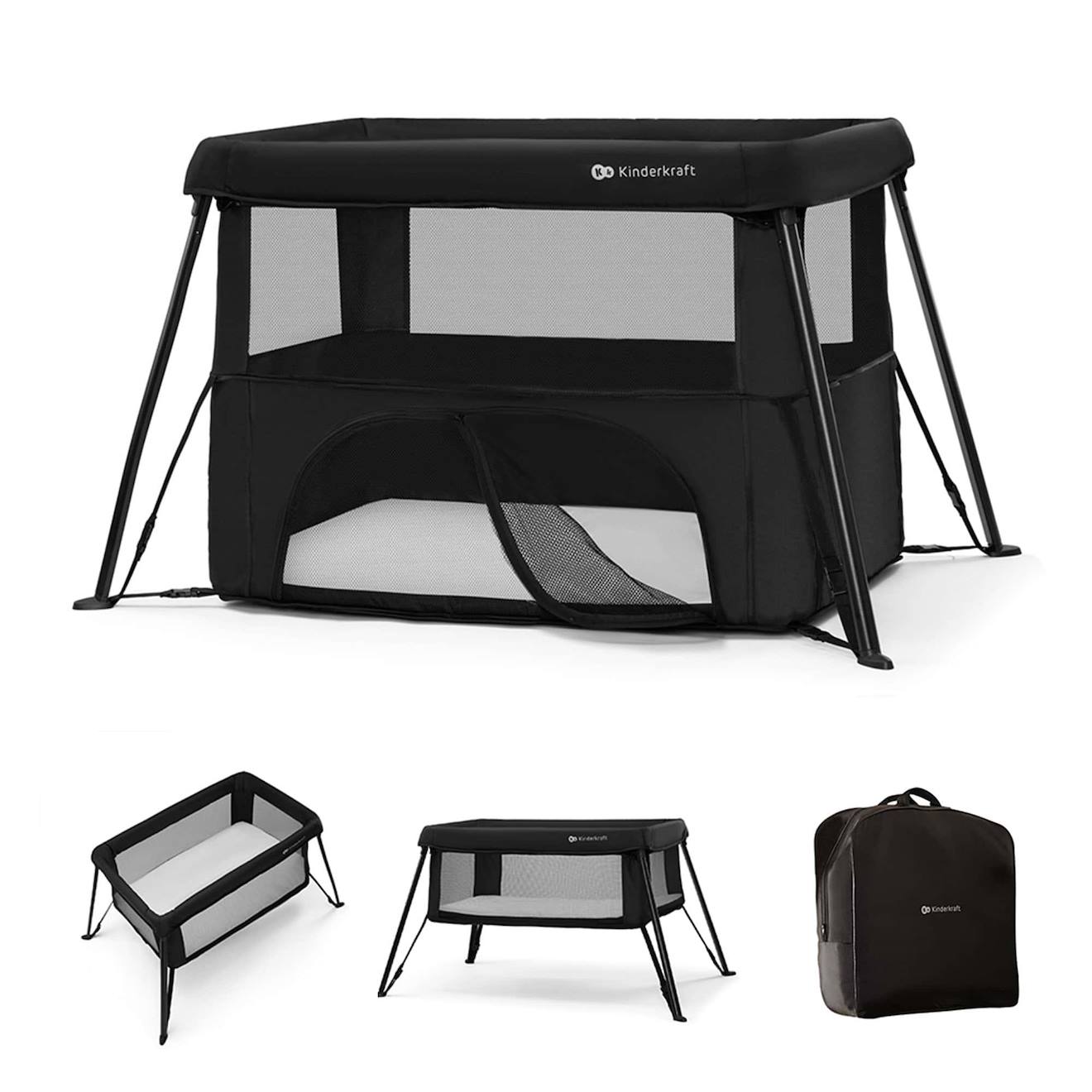 Lit Parapluie Kinderkraft Cami 3 En 1 Compact Et Léger Avec Sommier Réglable, Parc Enfant Et Sac À Dos Voyage Black