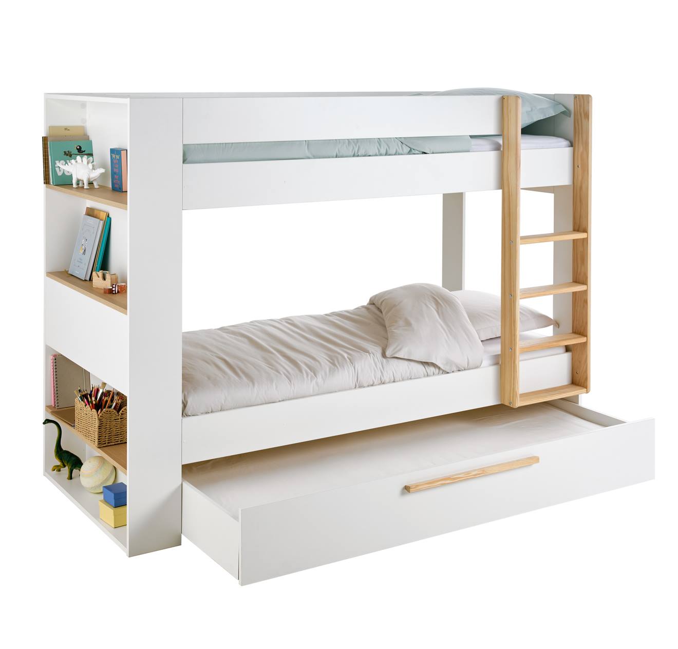 Lit superposé enfant 90x190cm avec tiroirs et bibliothèque blanc