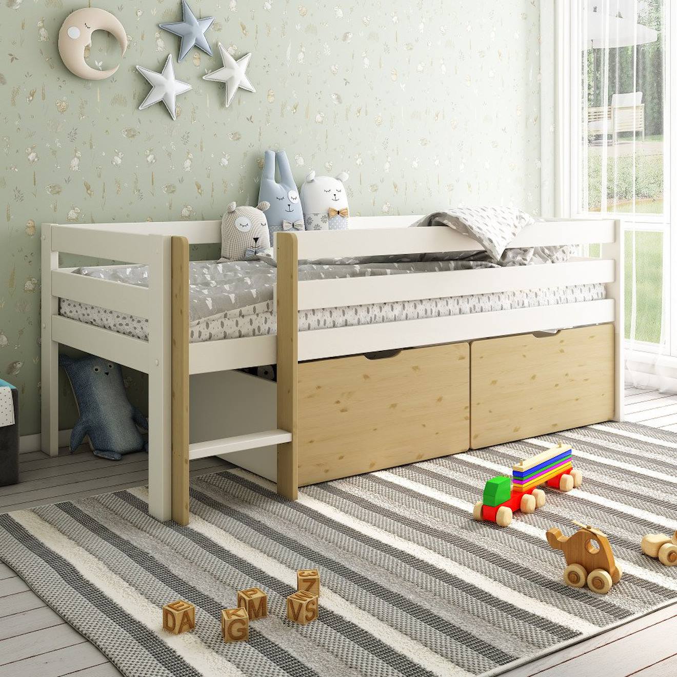 Lit Surélevé Avec Tiroirs Pin Massif Colette Blanc Bois