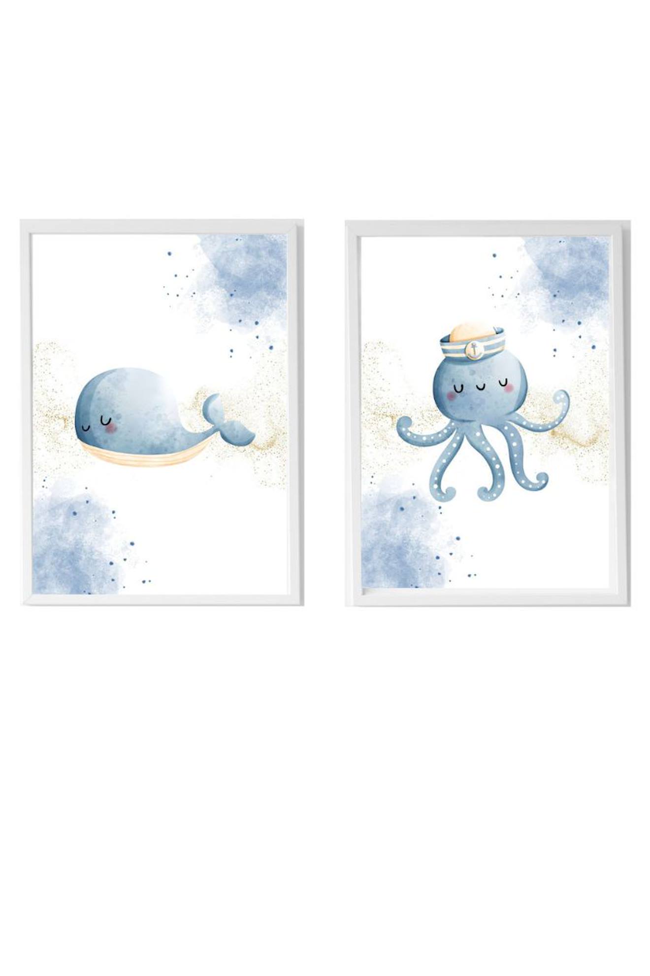 Lot 2 Cadres Muraux Enfant Baleine Et Poulpe Multi Coloured