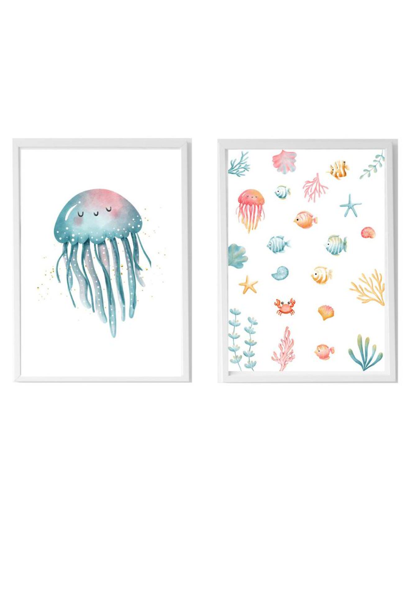 Lot 2 Cadres Muraux Enfant Méduse Et Animaux Marins Multi Coloured