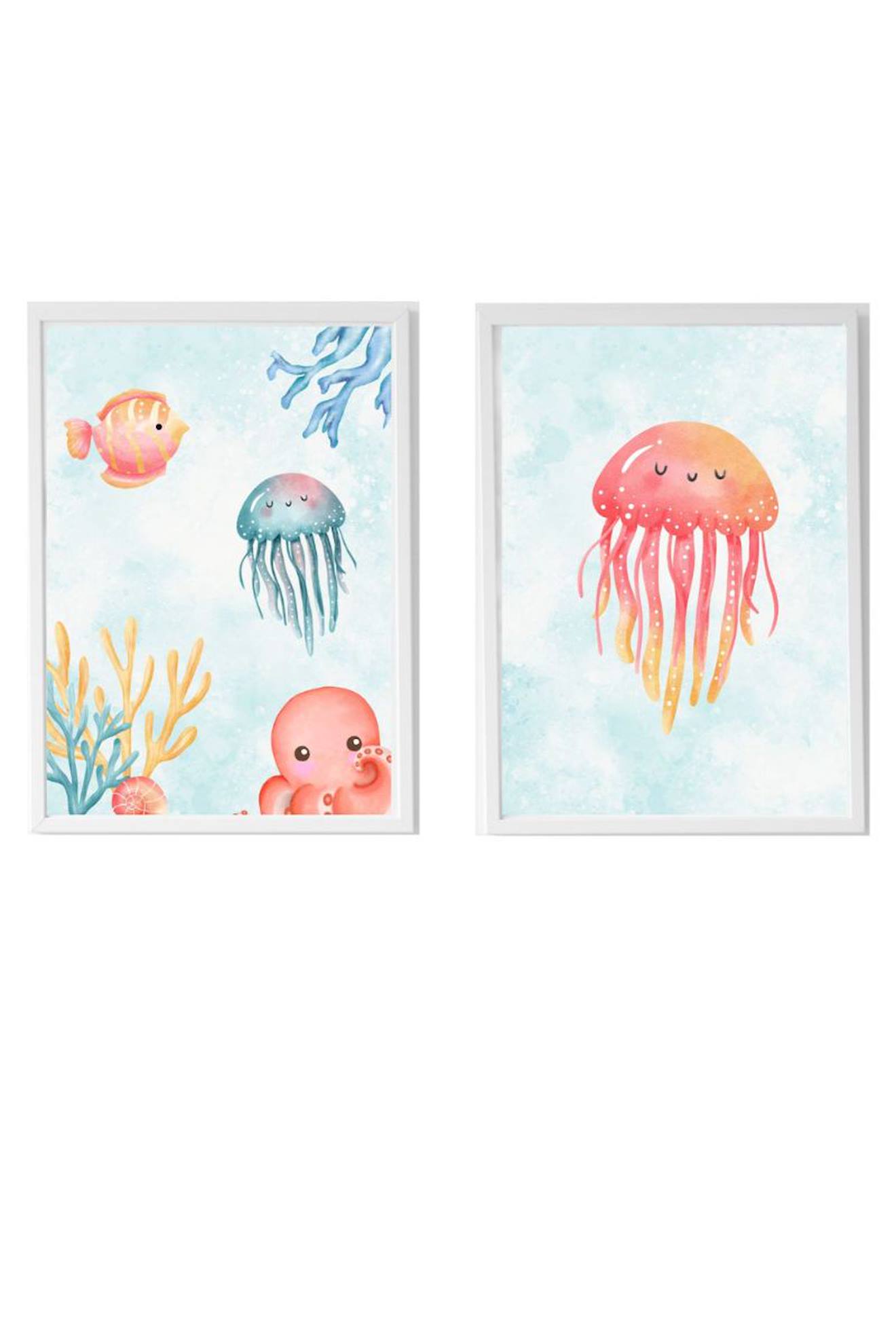 Lot 2 Cadres Muraux Enfant Méduse Et Océan Multi Coloured