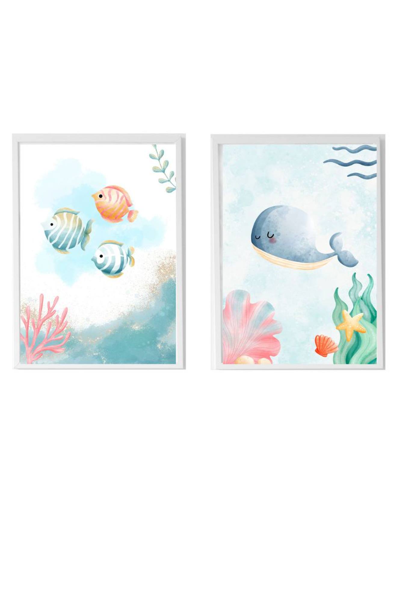 Lot 2 Cadres Muraux Enfant Poissons Et Baleine Multi Coloured