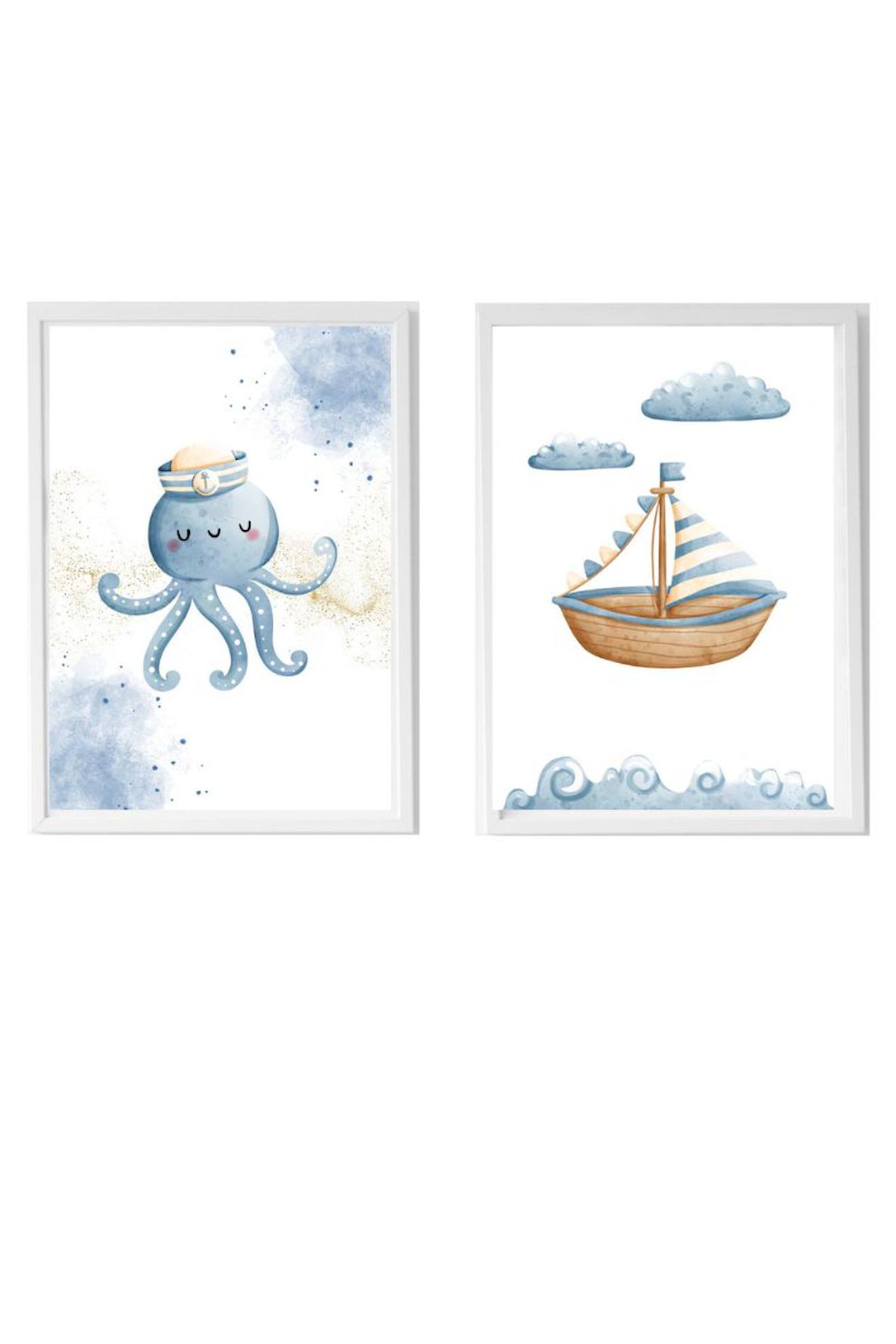 Lot 2 Cadres Muraux Enfant Poulpe Et Bateau Multi Coloured
