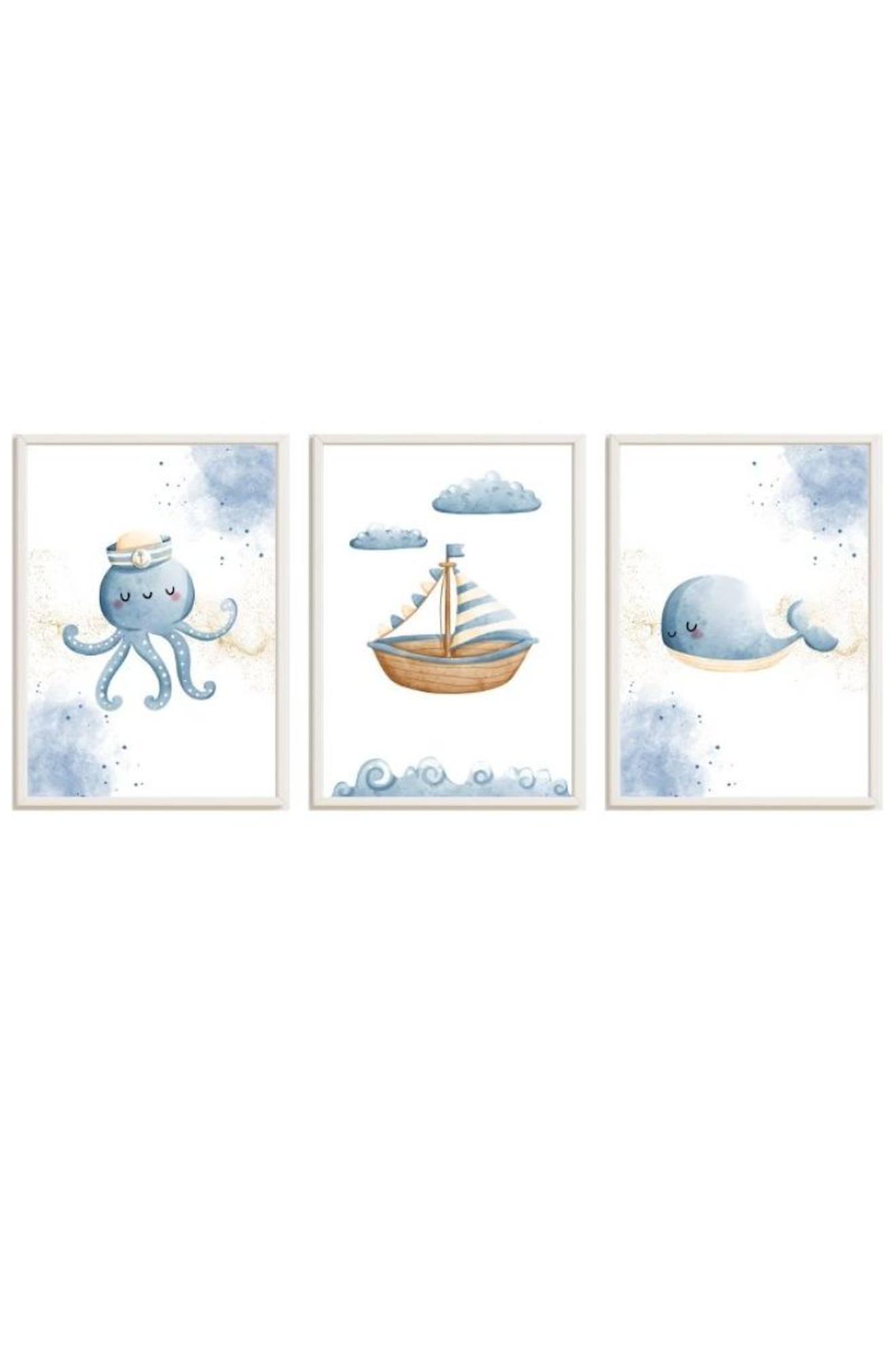 Lot 3 Cadres Muraux Enfant Poulpe, Bateau Et Baleine Multi Coloured