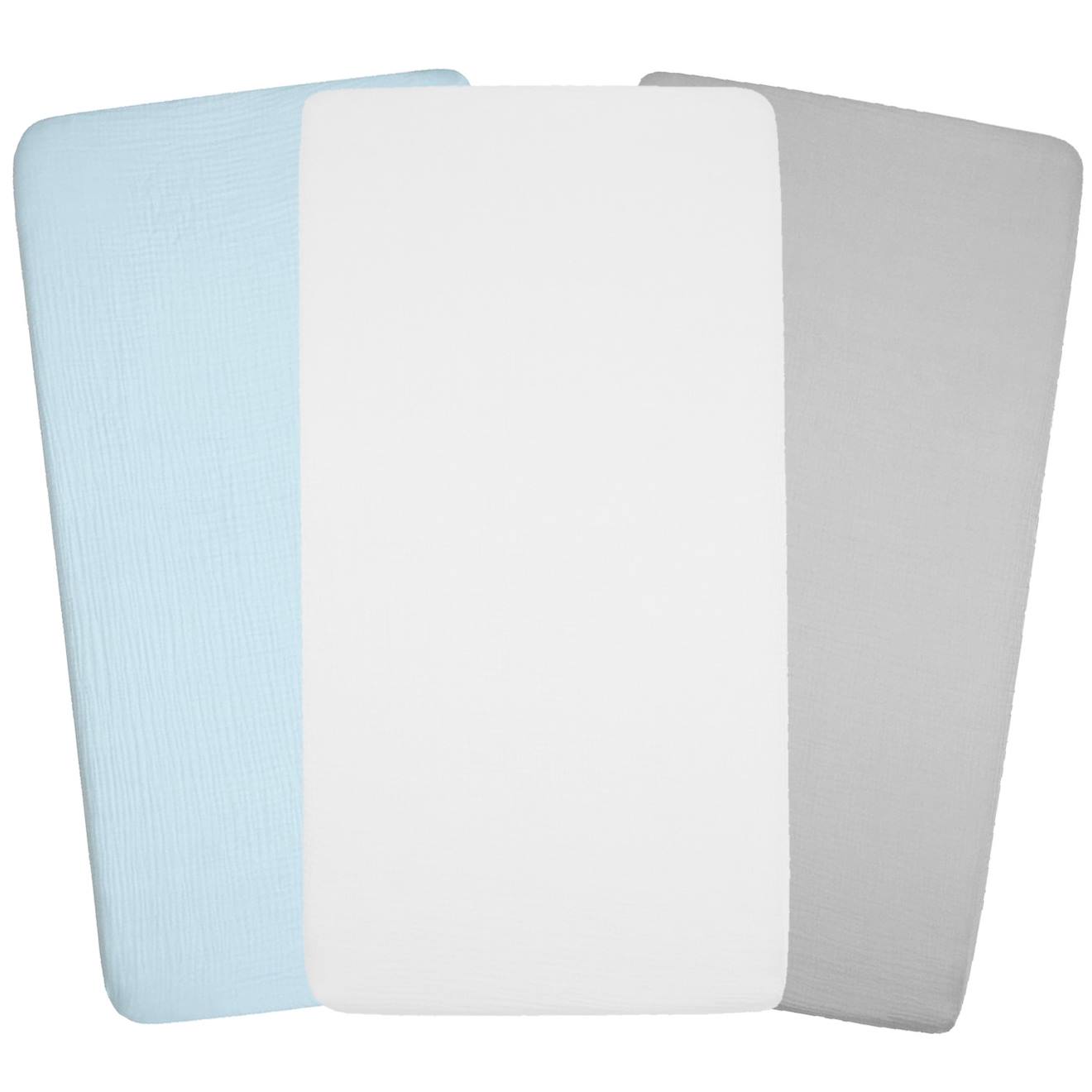 Lot De 3 Draps Housse Berceau En Gaze De Coton Uni Bleu