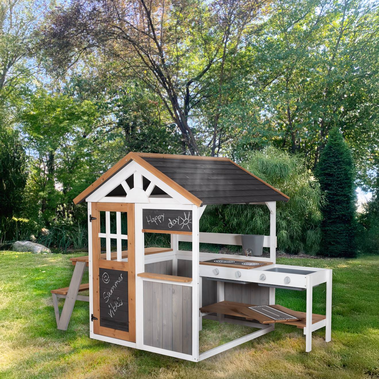 Maison De Jeux Extérieure Multifonction En Bois Massif Résistant Gris Et Naturel